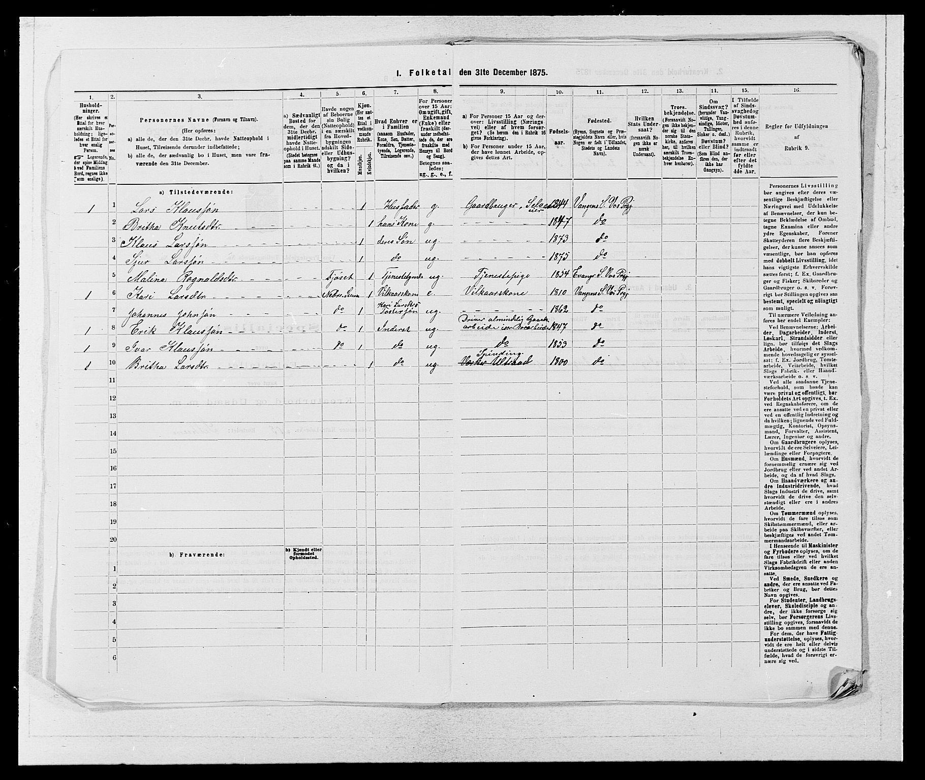 SAB, 1875 census for 1235P Voss, 1875, p. 1050