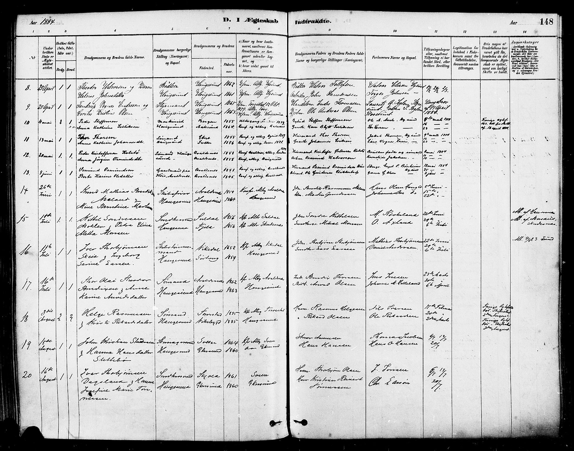 Haugesund sokneprestkontor, AV/SAST-A -101863/H/Ha/Haa/L0001: Parish register (official) no. A 1, 1878-1885, p. 148