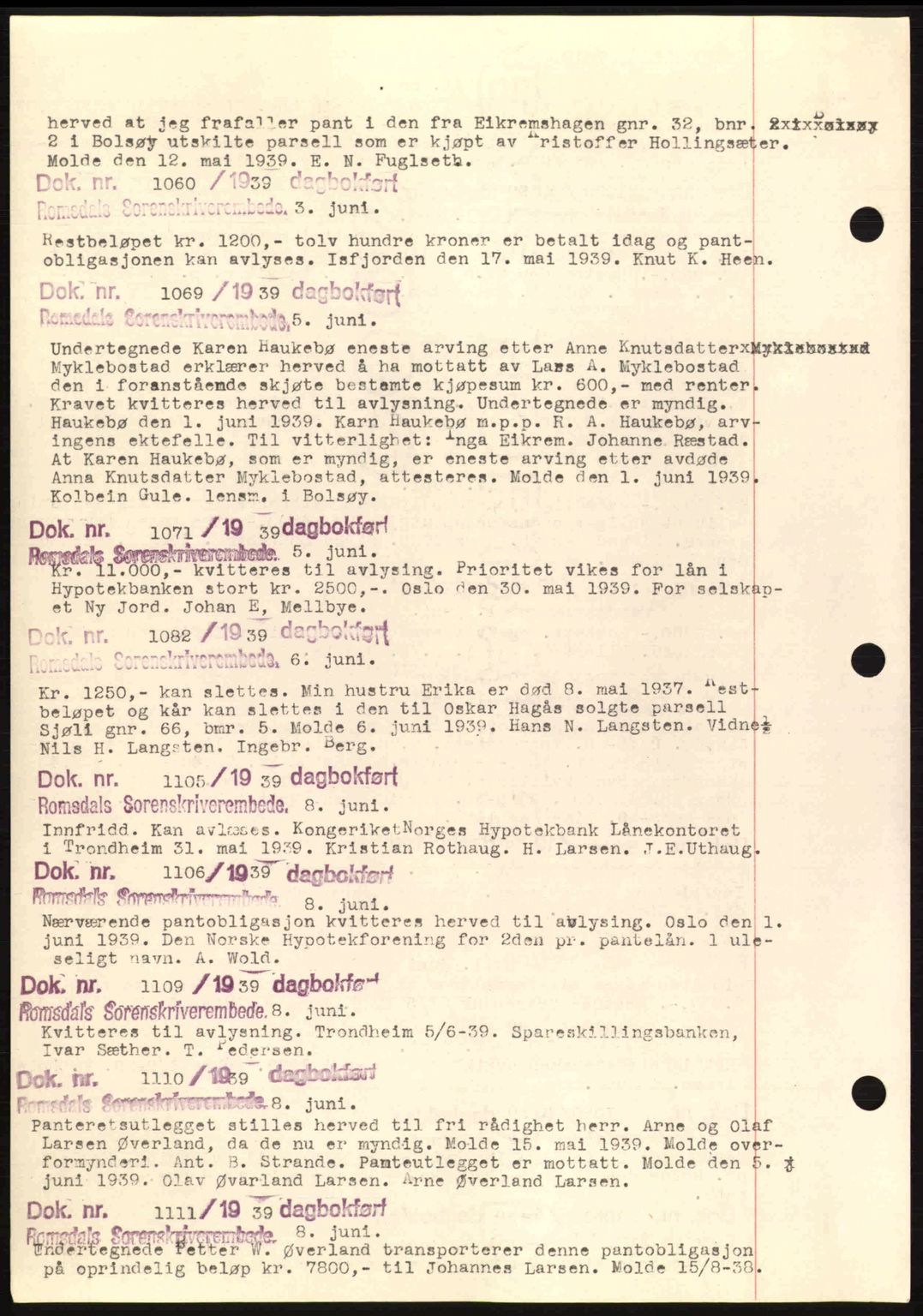 Romsdal sorenskriveri, AV/SAT-A-4149/1/2/2C: Mortgage book no. C1a, 1936-1945, Diary no: : 1060/1939