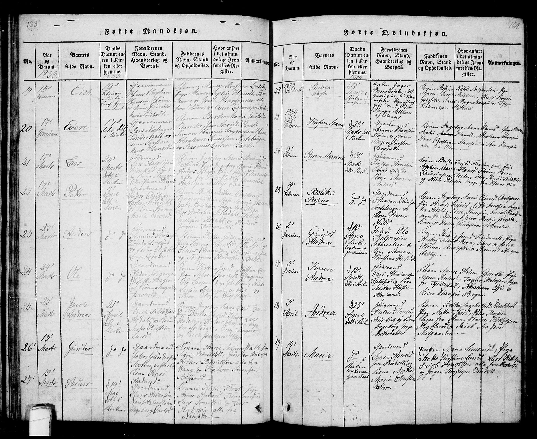 Bamble kirkebøker, AV/SAKO-A-253/G/Ga/L0005: Parish register (copy) no. I 5, 1814-1855, p. 163-164