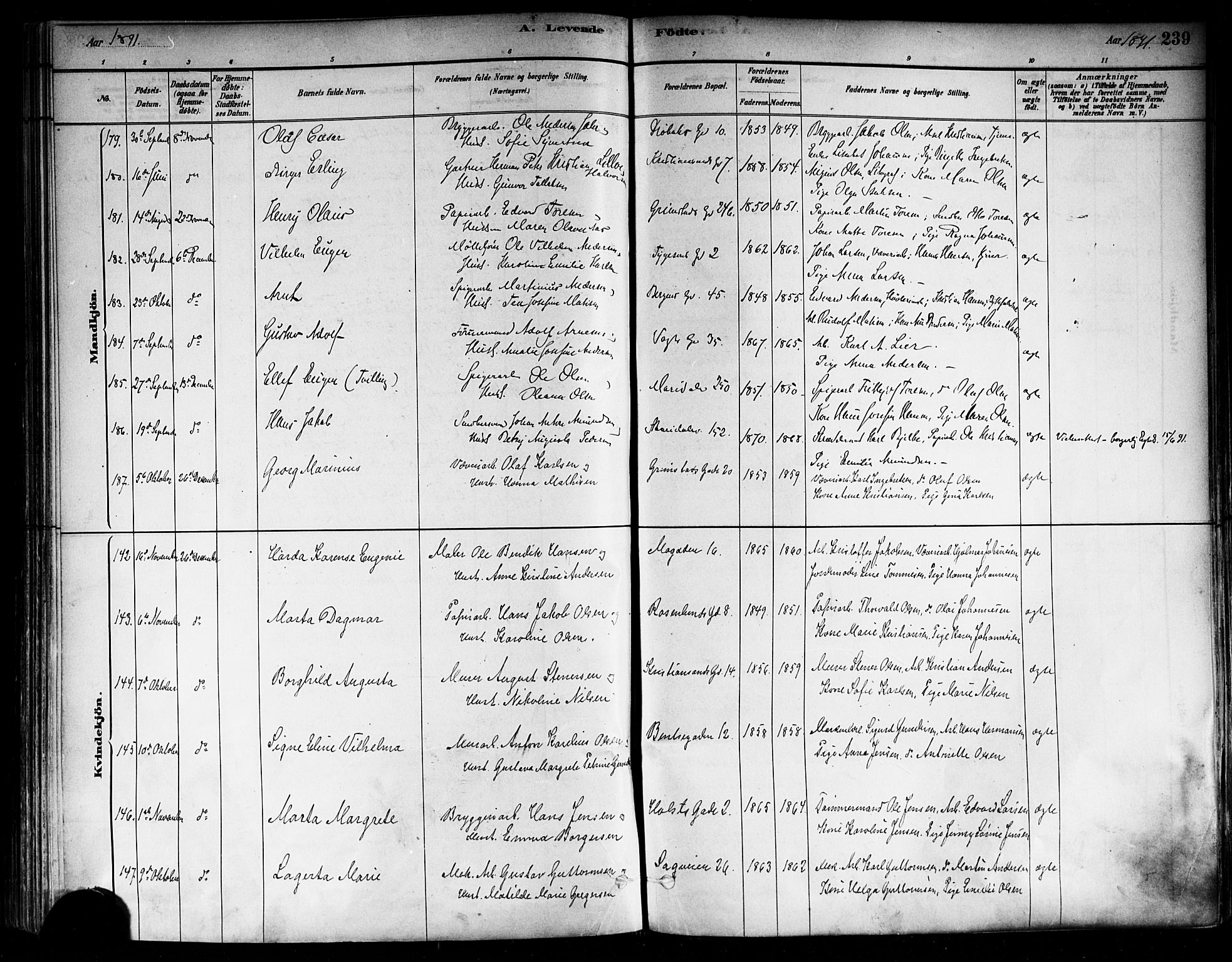 Sagene prestekontor Kirkebøker, SAO/A-10796/F/L0001: Parish register (official) no. 1, 1880-1893, p. 239