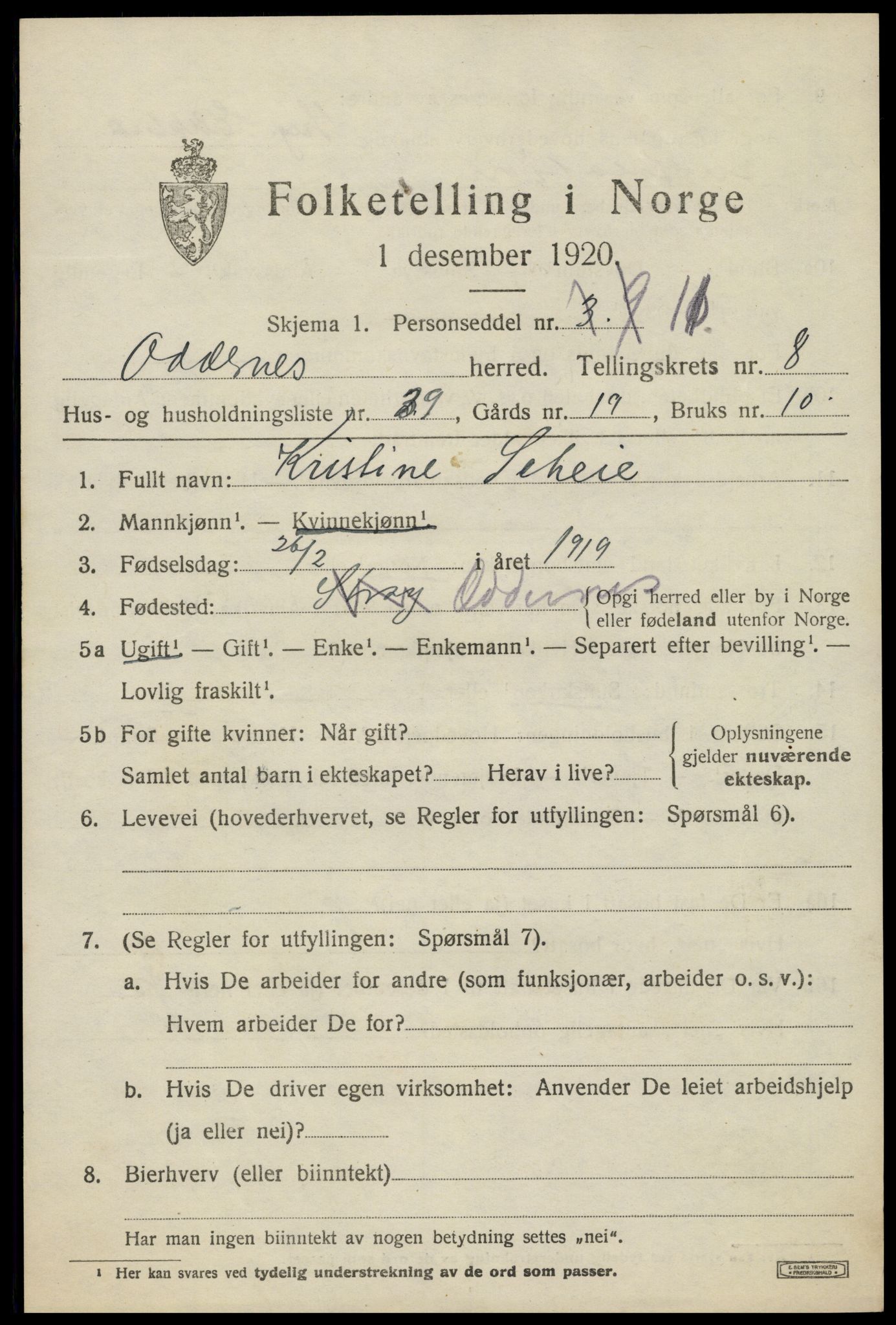 SAK, 1920 census for Oddernes, 1920, p. 6029