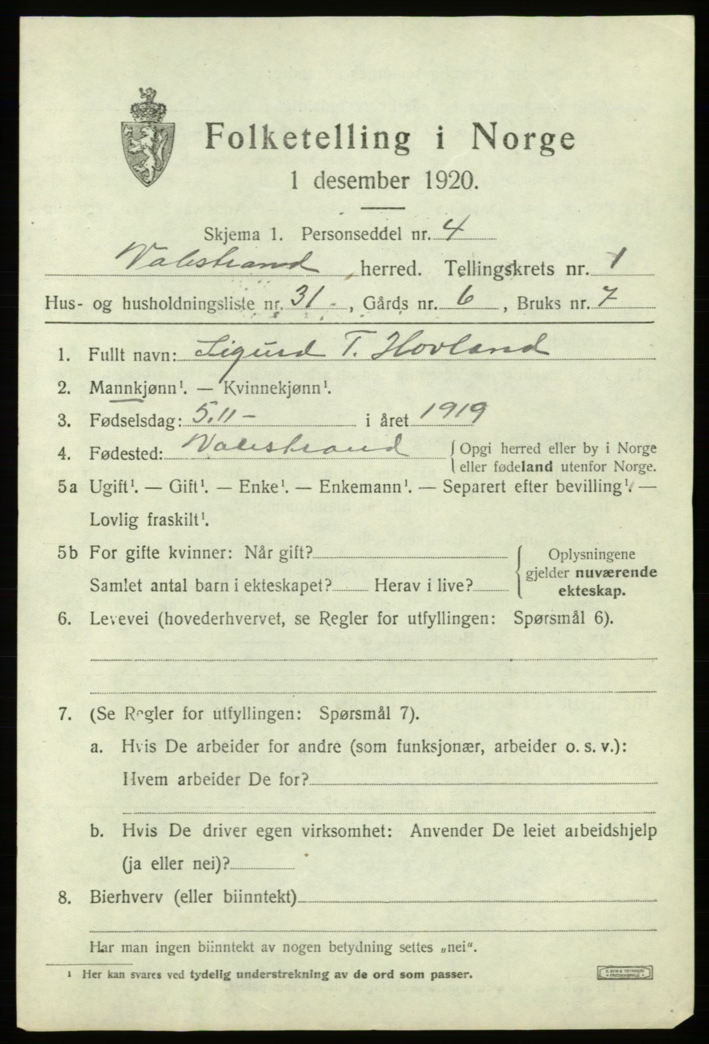 SAB, 1920 census for Valestrand, 1920, p. 809