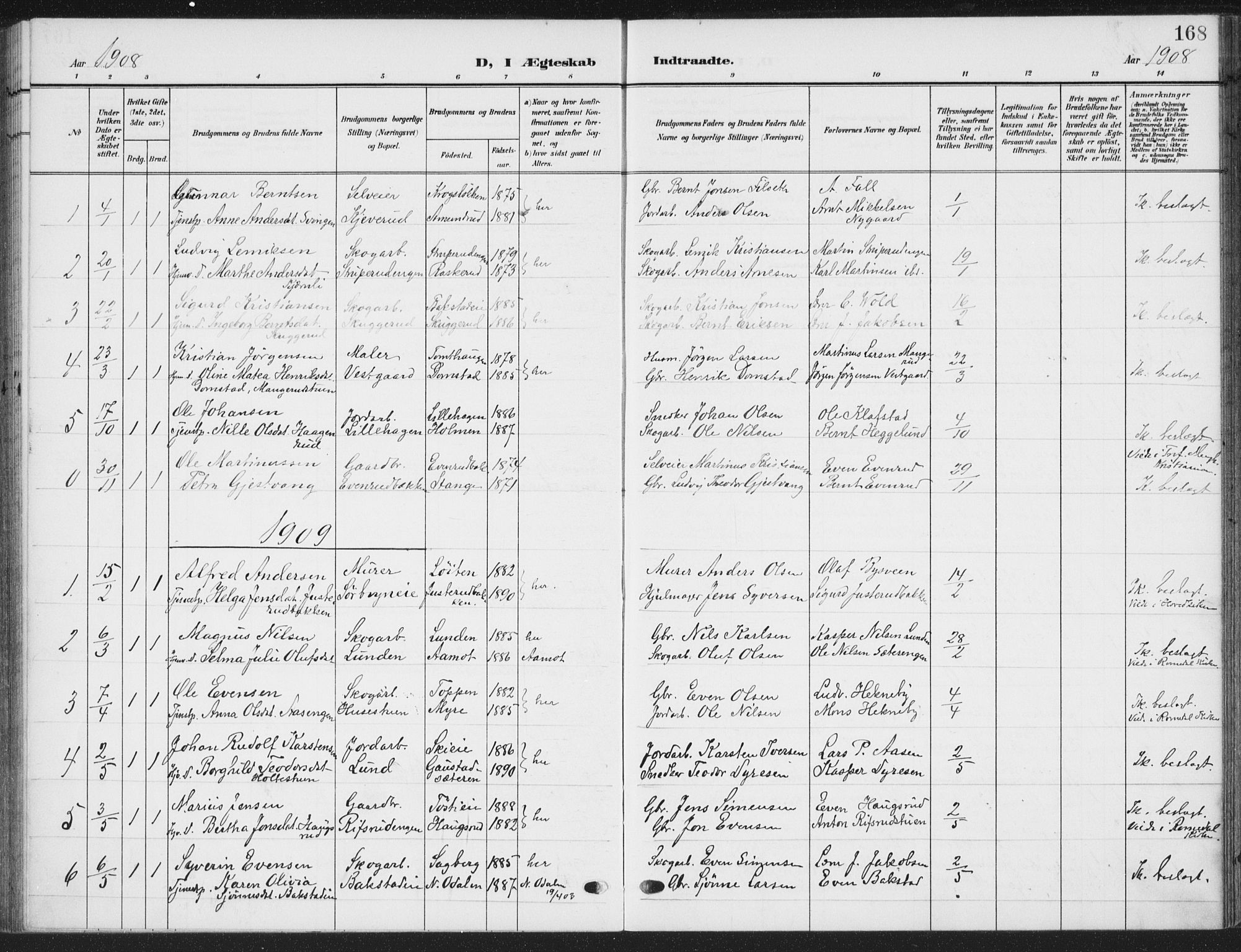 Romedal prestekontor, SAH/PREST-004/K/L0009: Parish register (official) no. 9, 1906-1929, p. 168