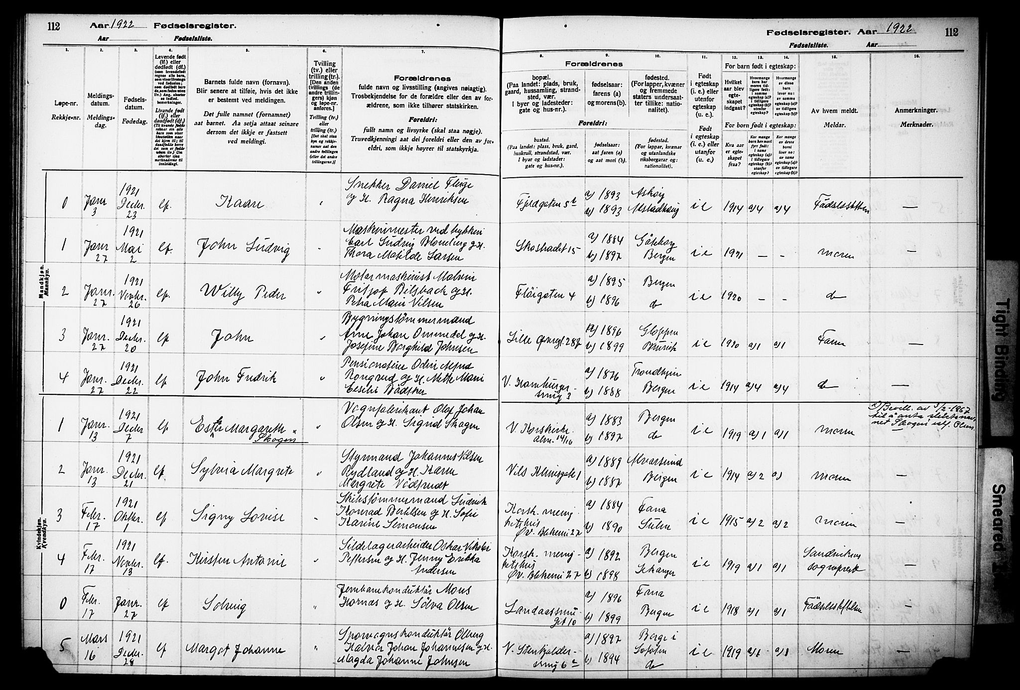 Korskirken sokneprestembete, SAB/A-76101/I/Id/L00A1: Birth register no. A 1, 1916-1929, p. 112