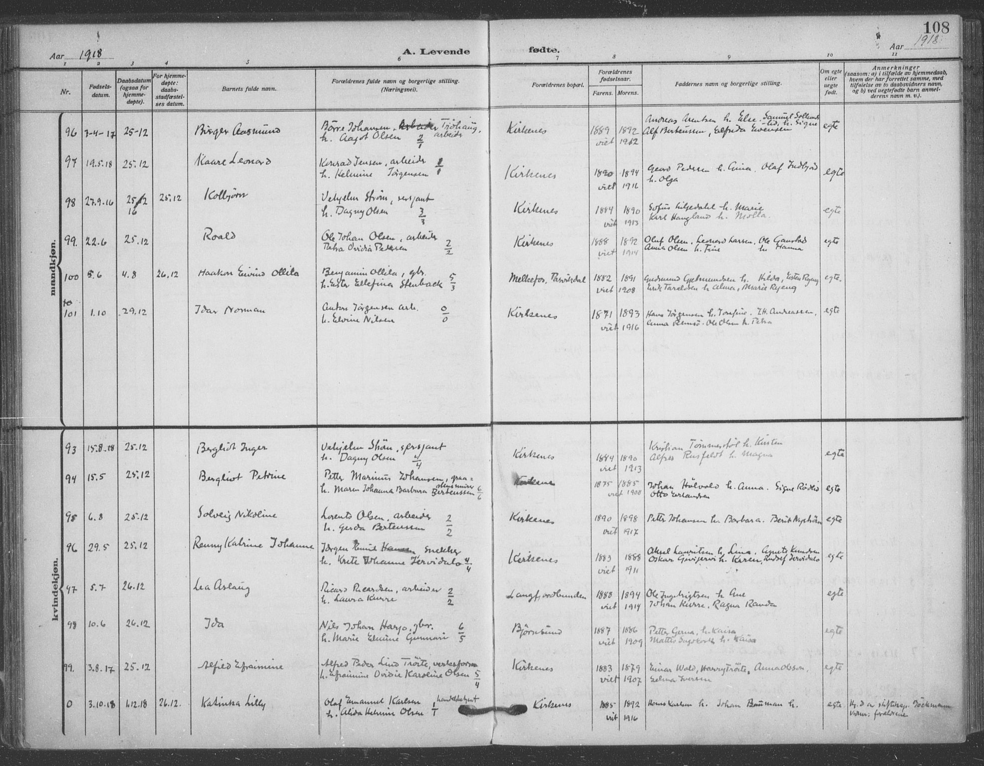 Sør-Varanger sokneprestkontor, AV/SATØ-S-1331/H/Ha/L0005kirke: Parish register (official) no. 5, 1909-1919, p. 108