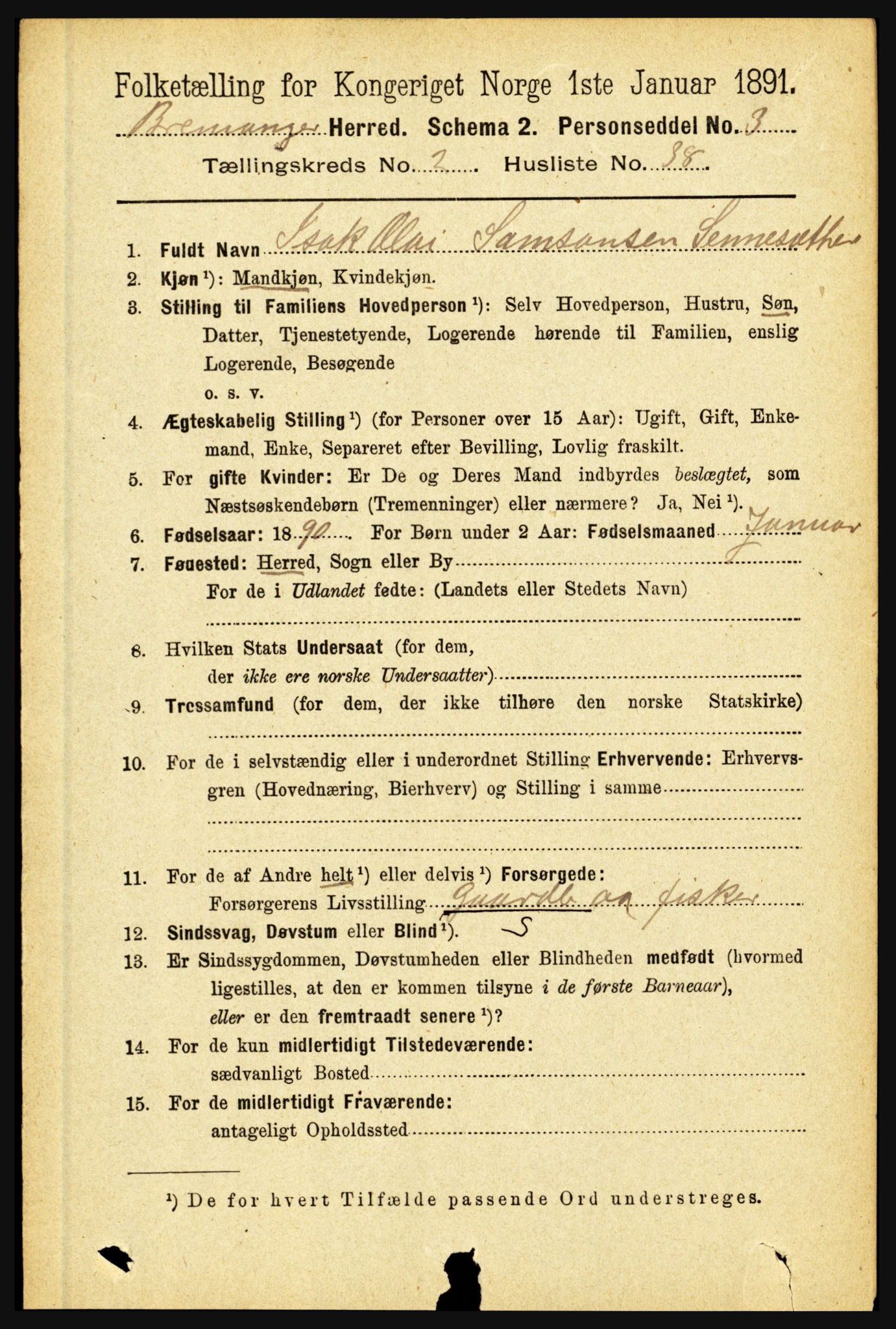 RA, 1891 census for 1438 Bremanger, 1891, p. 881