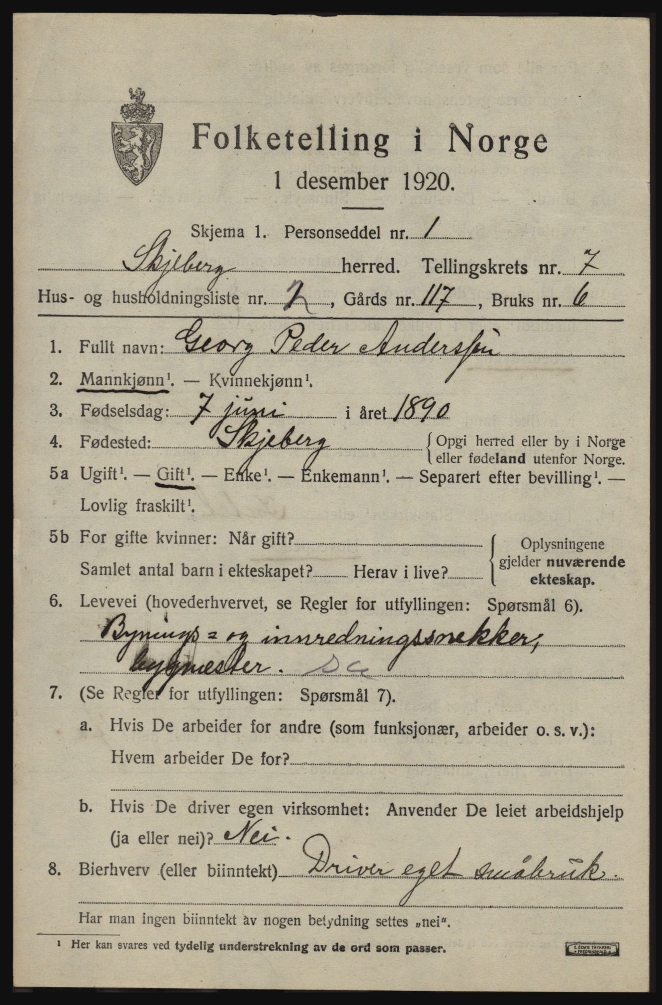 SAO, 1920 census for Skjeberg, 1920, p. 7167