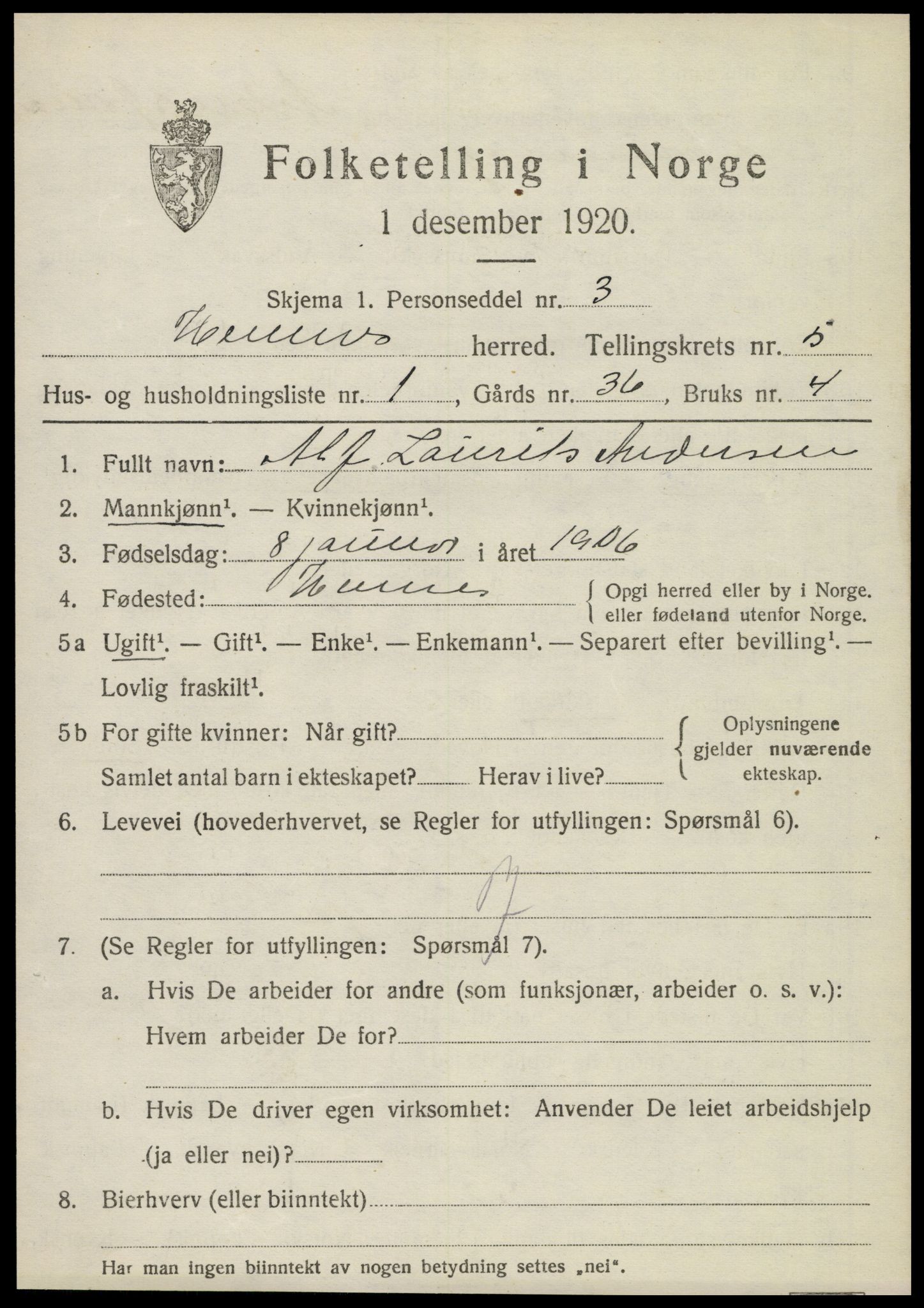 SAT, 1920 census for Hemnes, 1920, p. 5944