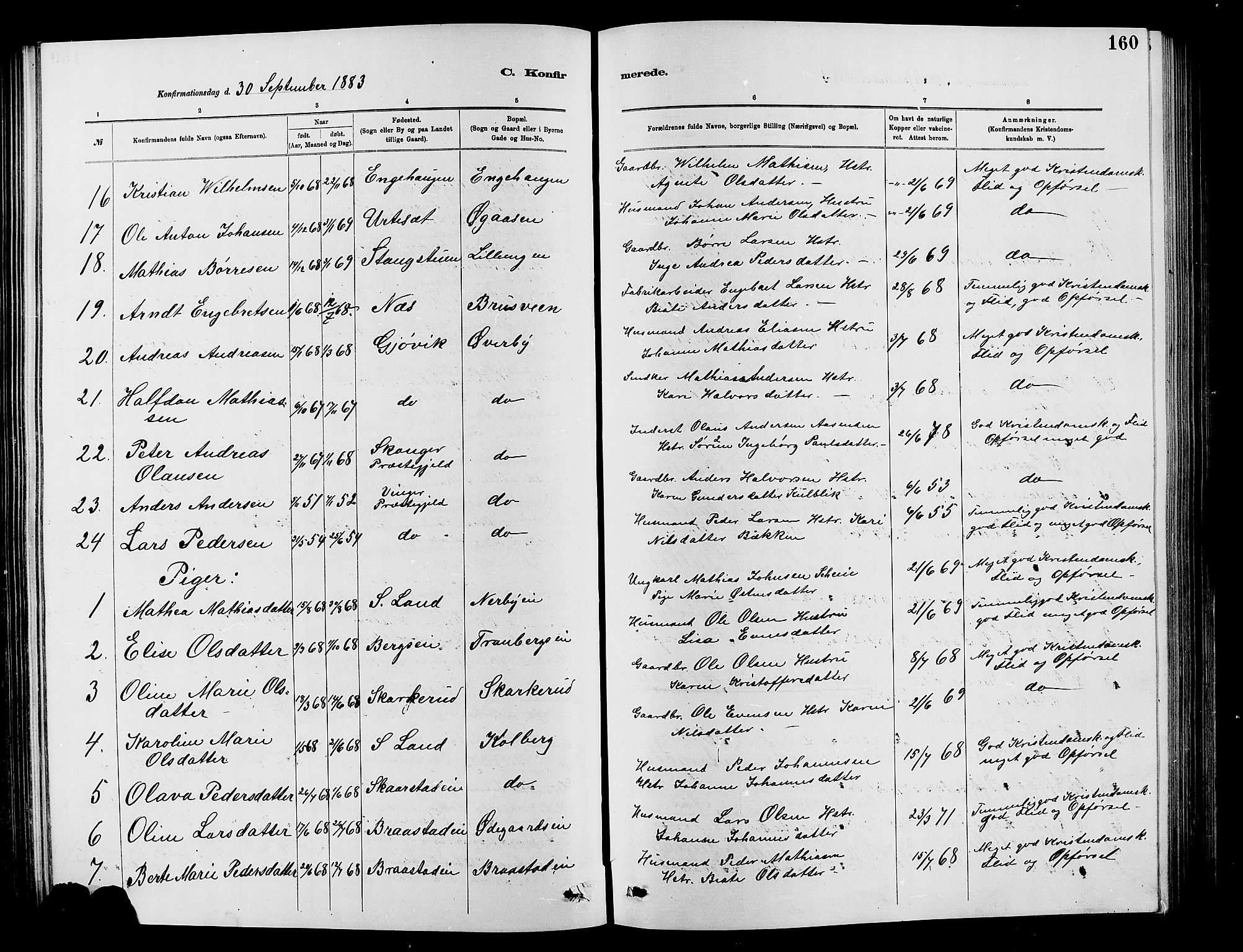 Vardal prestekontor, SAH/PREST-100/H/Ha/Hab/L0007: Parish register (copy) no. 7 /1, 1881-1895, p. 160