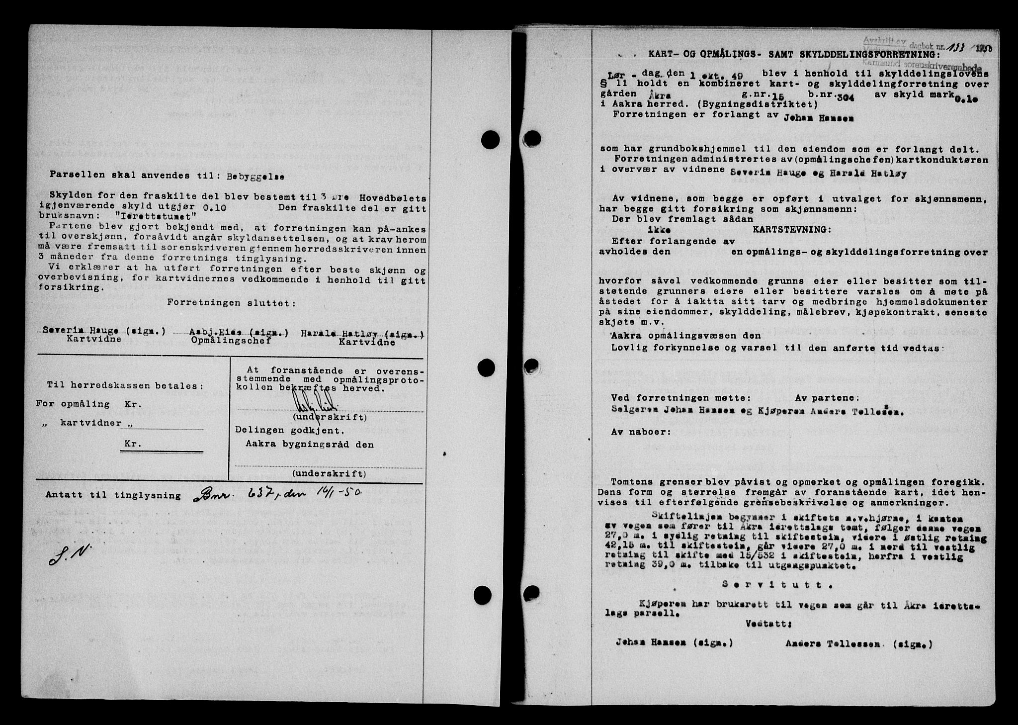 Karmsund sorenskriveri, SAST/A-100311/01/II/IIB/L0098: Mortgage book no. 78A, 1949-1950, Diary no: : 133/1950