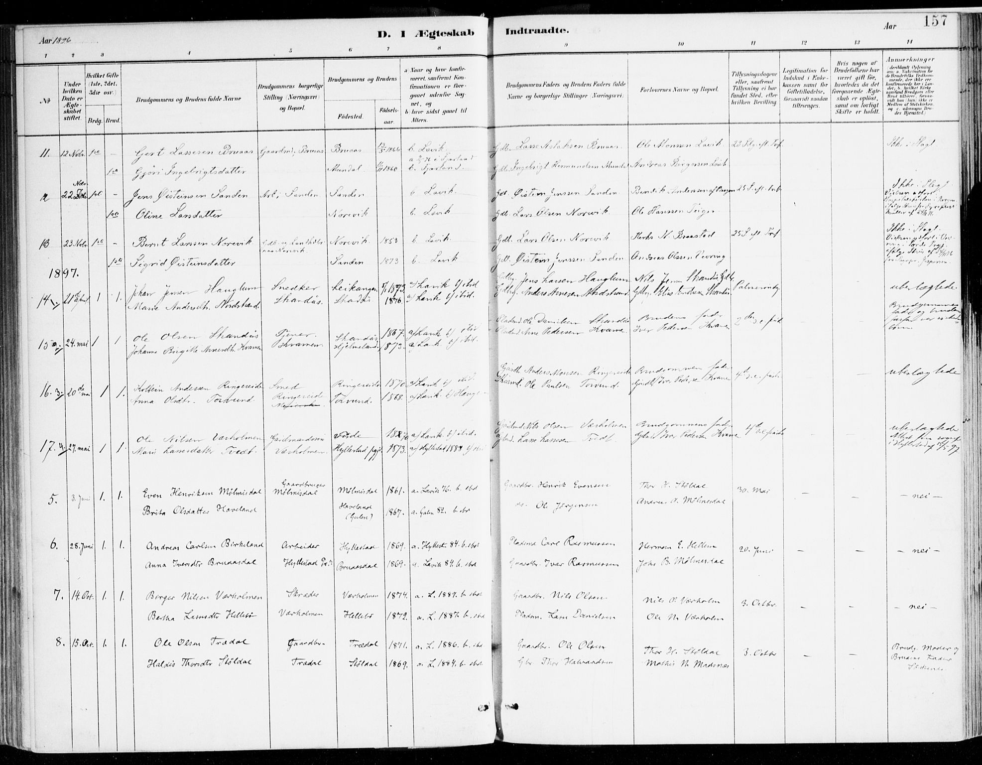 Lavik sokneprestembete, AV/SAB-A-80901: Parish register (official) no. B 1, 1882-1908, p. 157