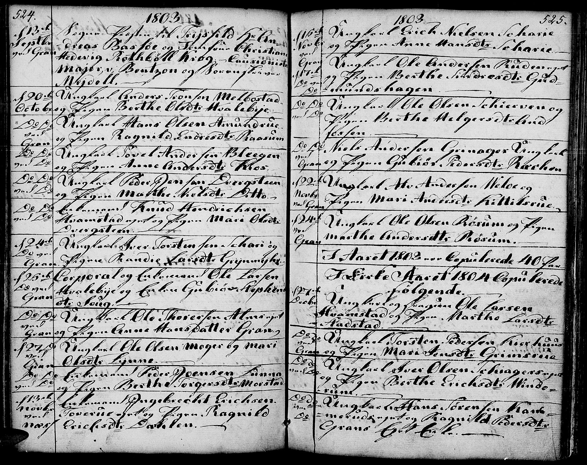 Gran prestekontor, SAH/PREST-112/H/Ha/Haa/L0006: Parish register (official) no. 6, 1787-1824, p. 524-525