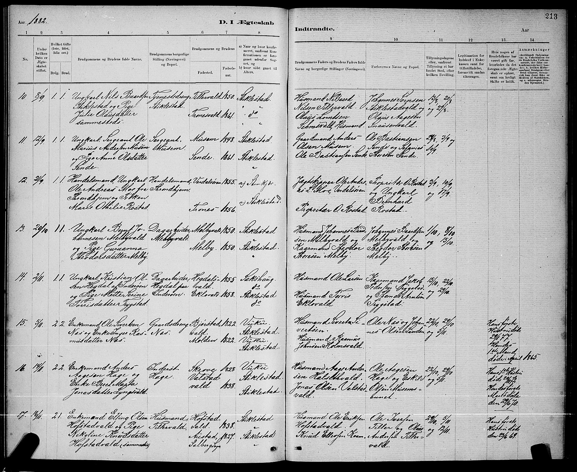 Ministerialprotokoller, klokkerbøker og fødselsregistre - Nord-Trøndelag, SAT/A-1458/723/L0256: Parish register (copy) no. 723C04, 1879-1890, p. 213