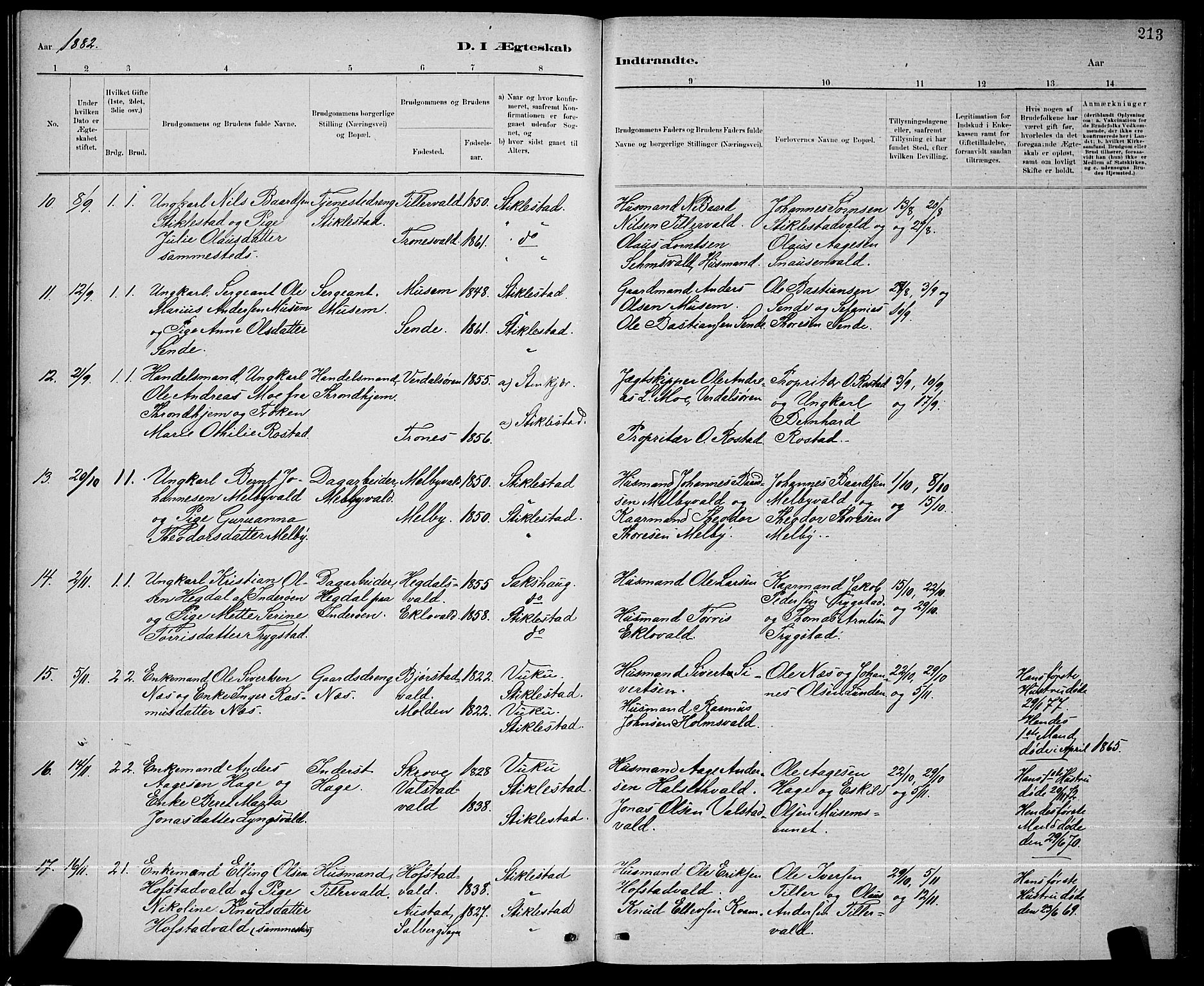 Ministerialprotokoller, klokkerbøker og fødselsregistre - Nord-Trøndelag, AV/SAT-A-1458/723/L0256: Parish register (copy) no. 723C04, 1879-1890, p. 213