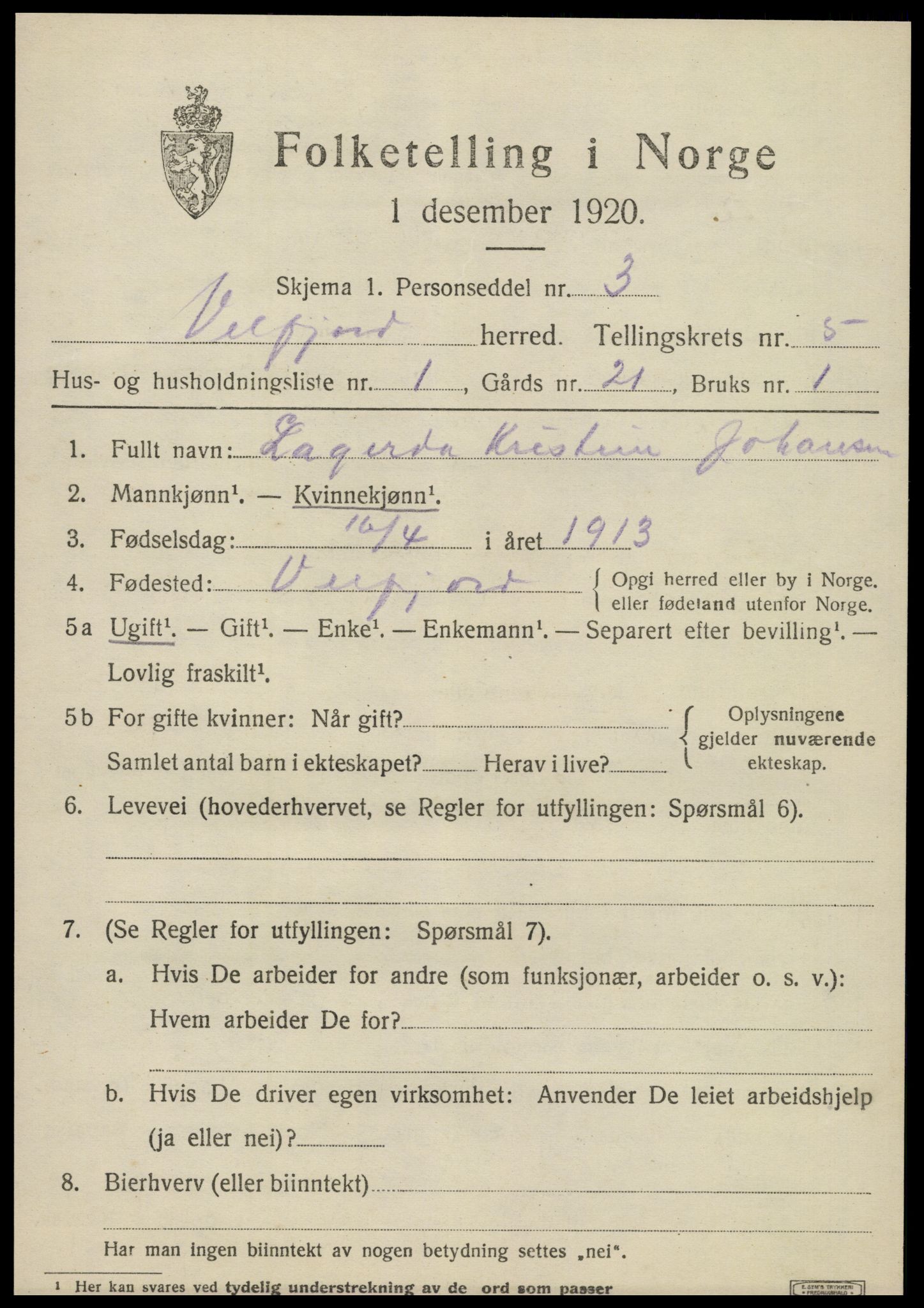 SAT, 1920 census for Velfjord, 1920, p. 3089