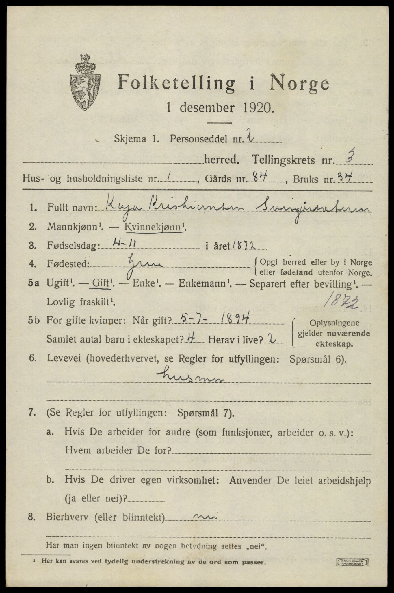 SAH, 1920 census for Grue, 1920, p. 3783