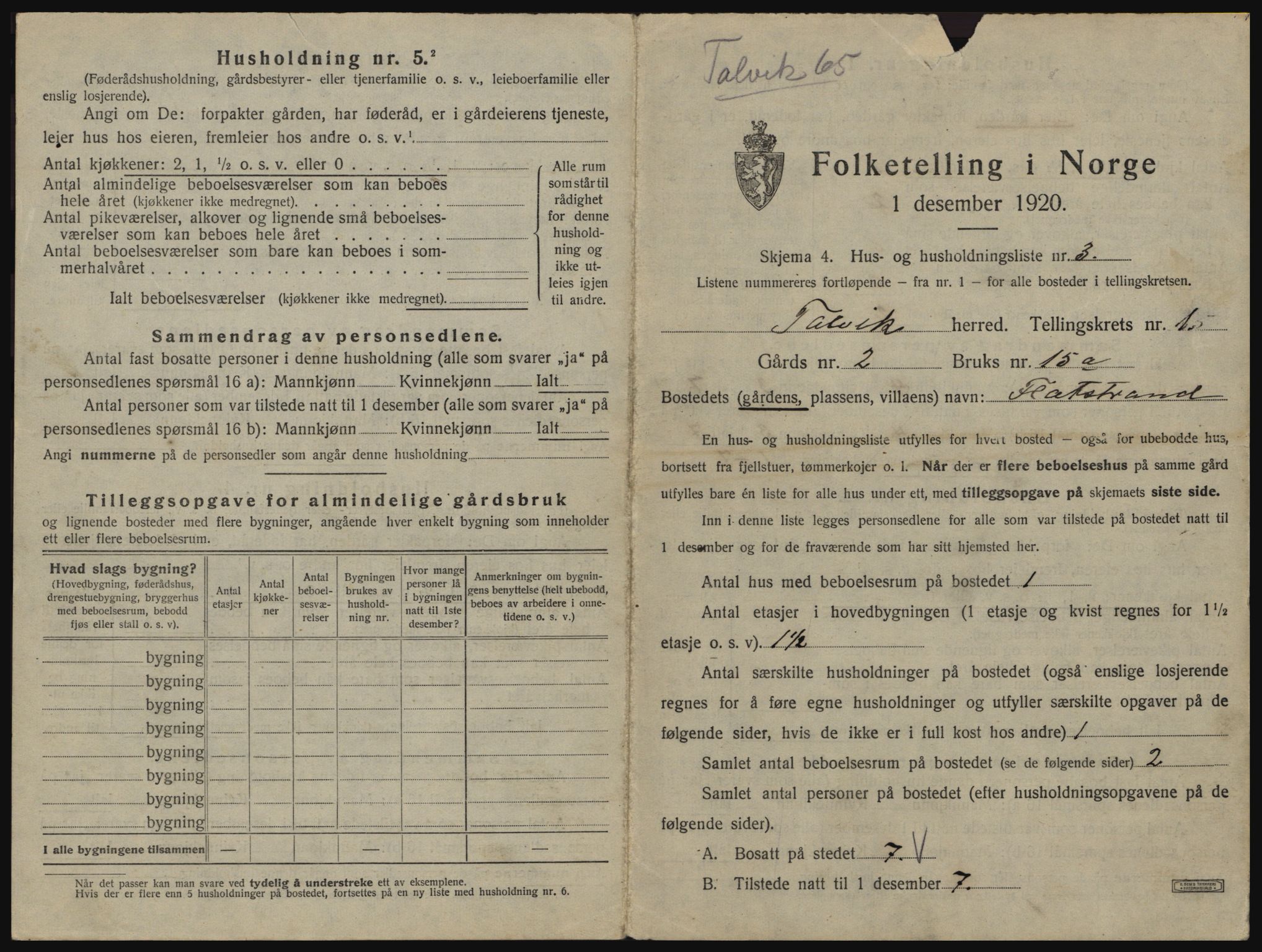 SATØ, 1920 census for Talvik, 1920, p. 44