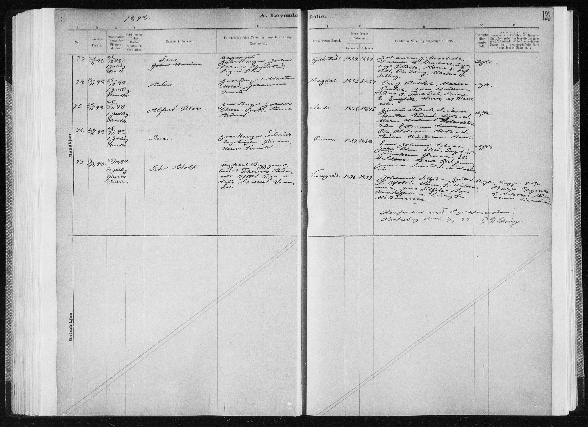 Ministerialprotokoller, klokkerbøker og fødselsregistre - Sør-Trøndelag, SAT/A-1456/668/L0818: Parish register (copy) no. 668C07, 1885-1898, p. 133