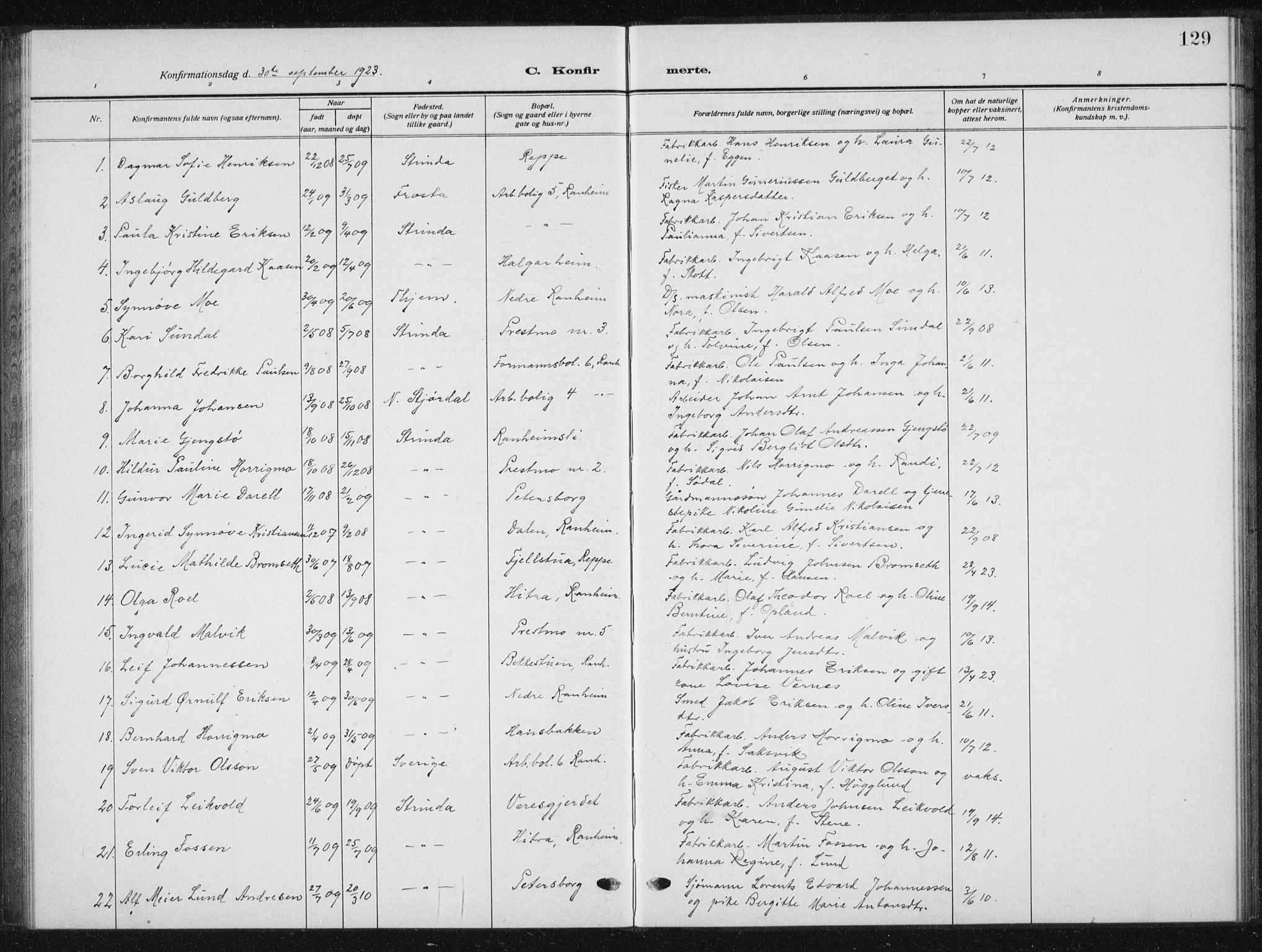 Ministerialprotokoller, klokkerbøker og fødselsregistre - Sør-Trøndelag, SAT/A-1456/615/L0401: Parish register (copy) no. 615C02, 1922-1941, p. 129