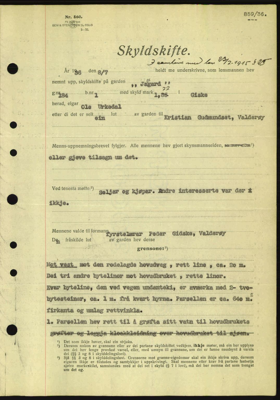 Nordre Sunnmøre sorenskriveri, AV/SAT-A-0006/1/2/2C/2Ca: Mortgage book no. A1, 1936-1936, Diary no: : 859/1936