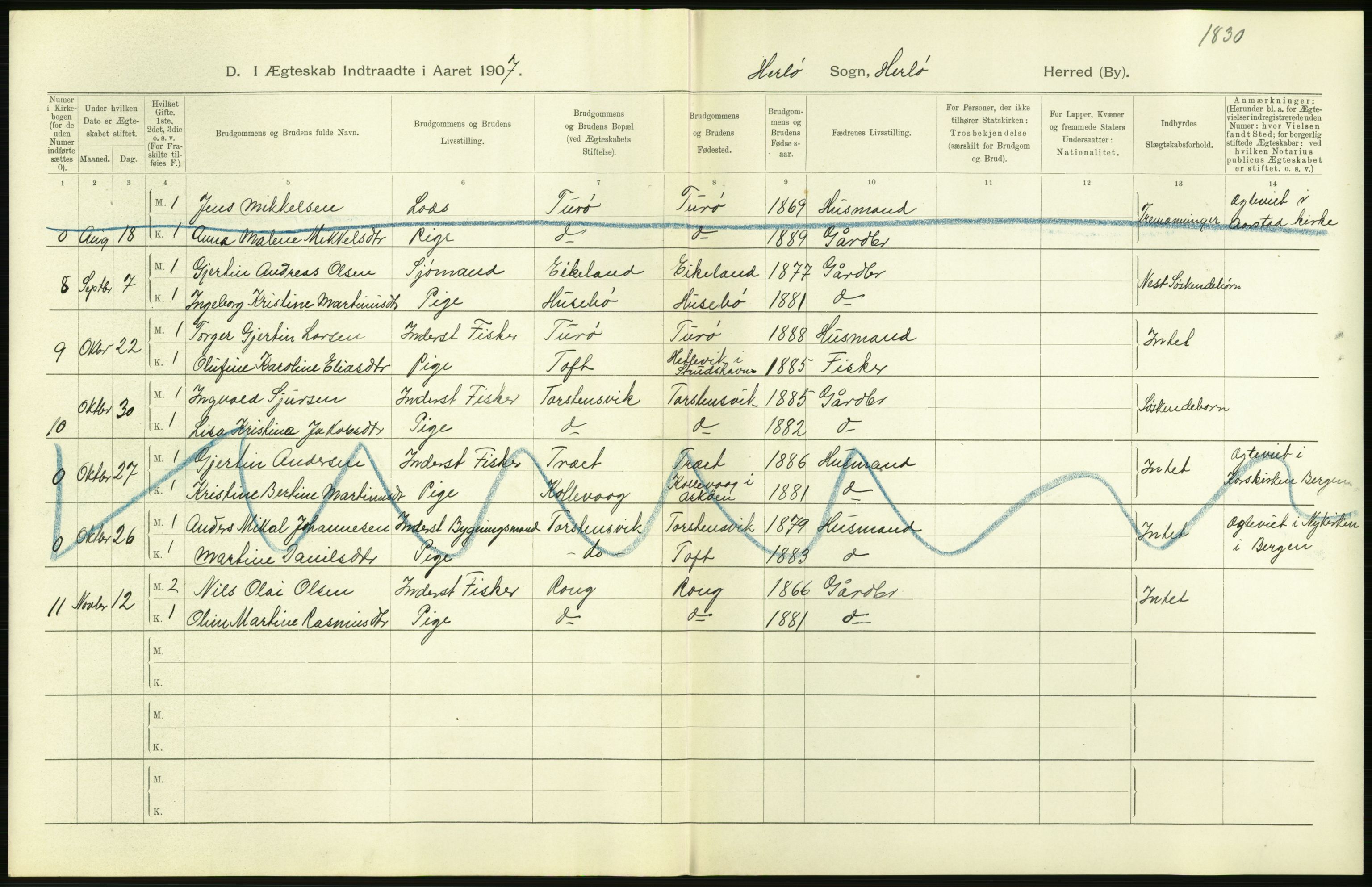 Statistisk sentralbyrå, Sosiodemografiske emner, Befolkning, RA/S-2228/D/Df/Dfa/Dfae/L0029: S. Bergenhus amt: Gifte, dødfødte. Bygder., 1907, p. 6