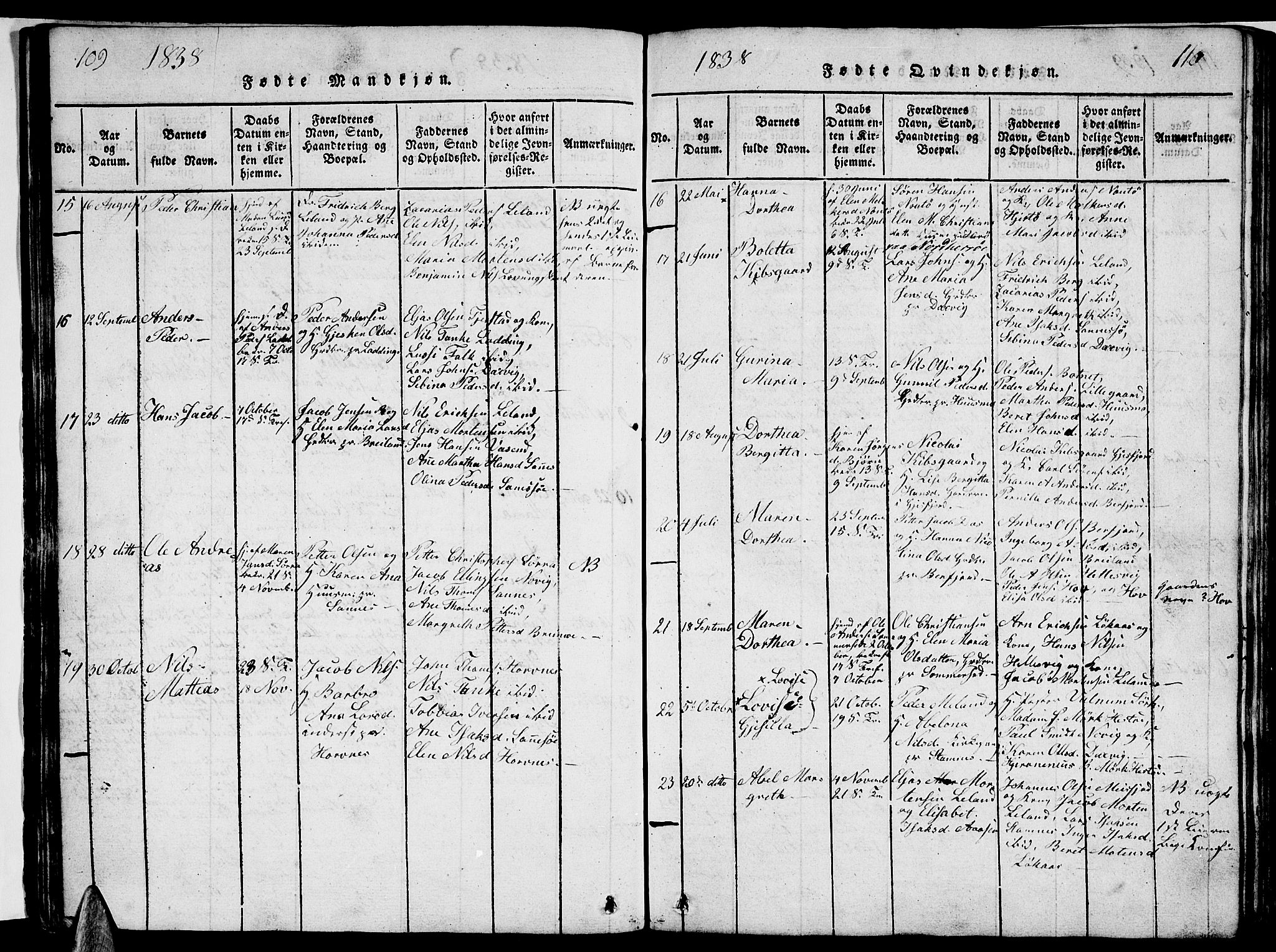 Ministerialprotokoller, klokkerbøker og fødselsregistre - Nordland, AV/SAT-A-1459/831/L0474: Parish register (copy) no. 831C01, 1820-1850, p. 109-110