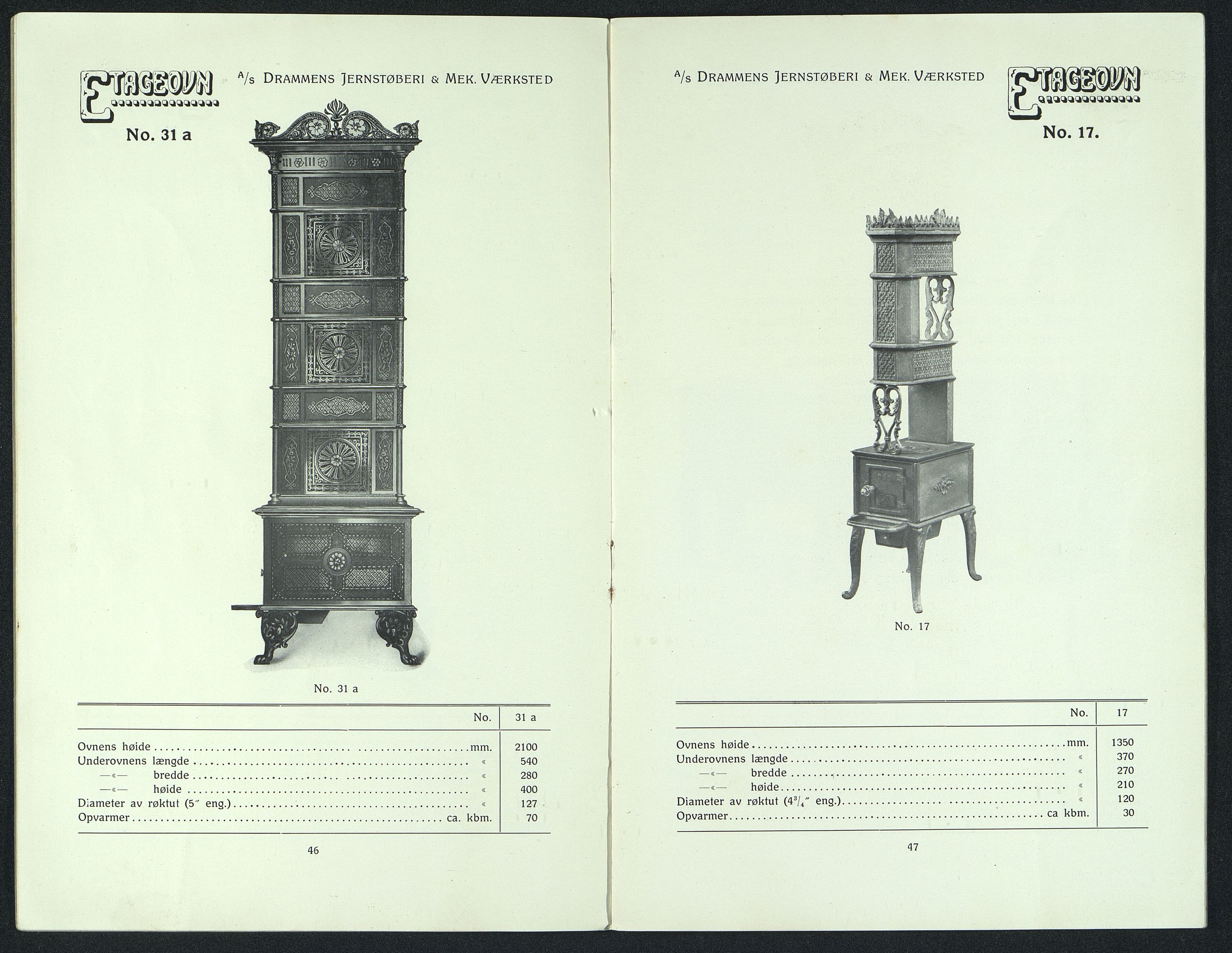 Næs Jernverksmuseets samling av historiske ovnskataloger, NESJ/NJM-006/01/L0042: Drammens Jernstøberi & Mek. Værksted, Støpegods, omtrent 1920-1940, s. 25-56 (etageovne), 1920-1940