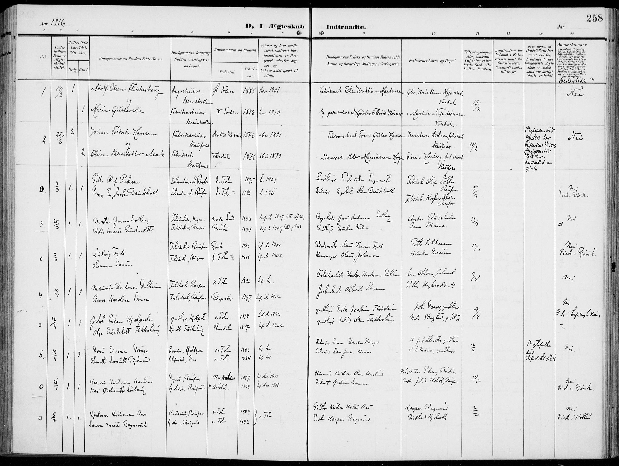 Vestre Toten prestekontor, SAH/PREST-108/H/Ha/Haa/L0014: Parish register (official) no. 14, 1907-1920, p. 258