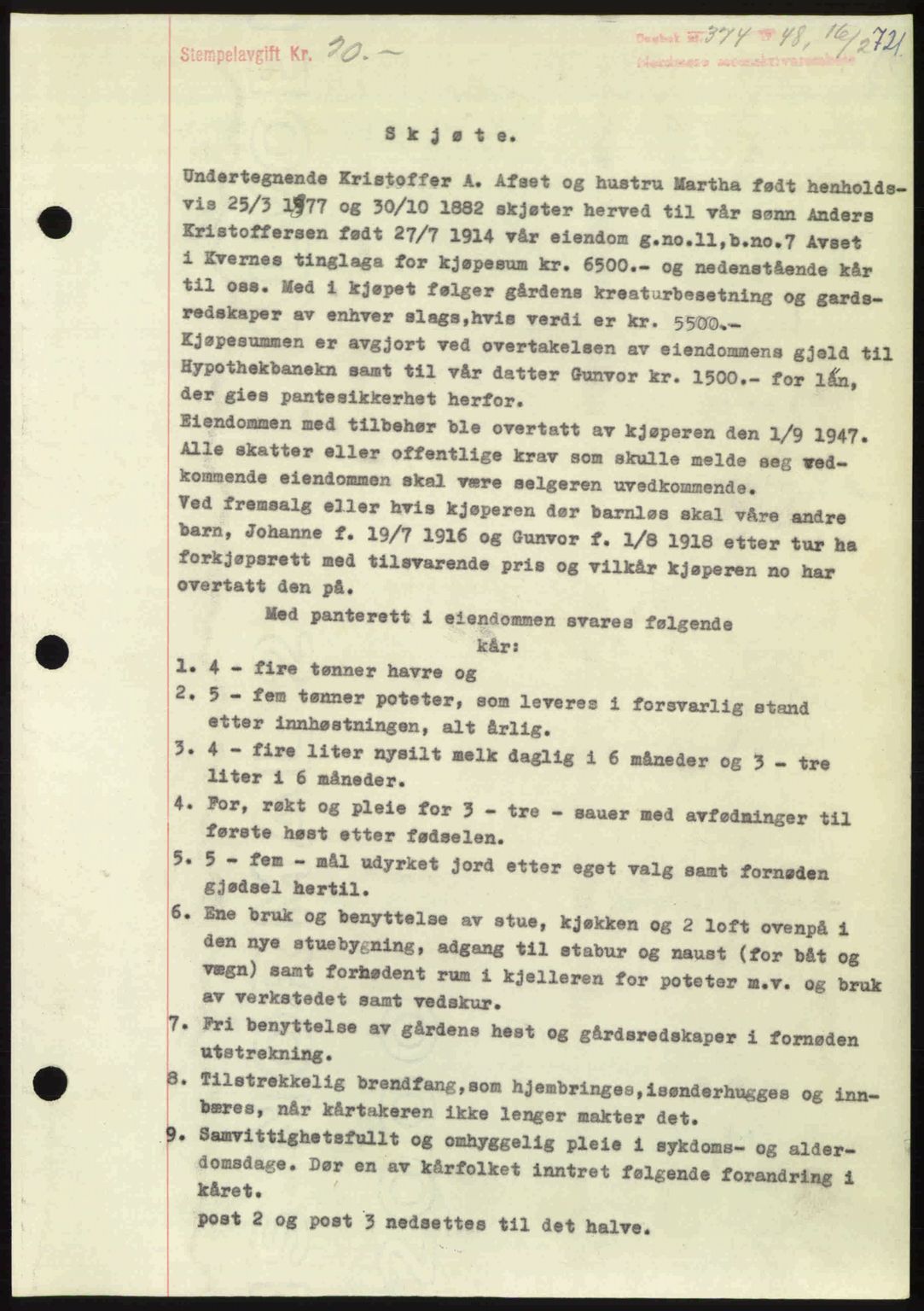 Nordmøre sorenskriveri, AV/SAT-A-4132/1/2/2Ca: Mortgage book no. A107, 1947-1948, Diary no: : 374/1948