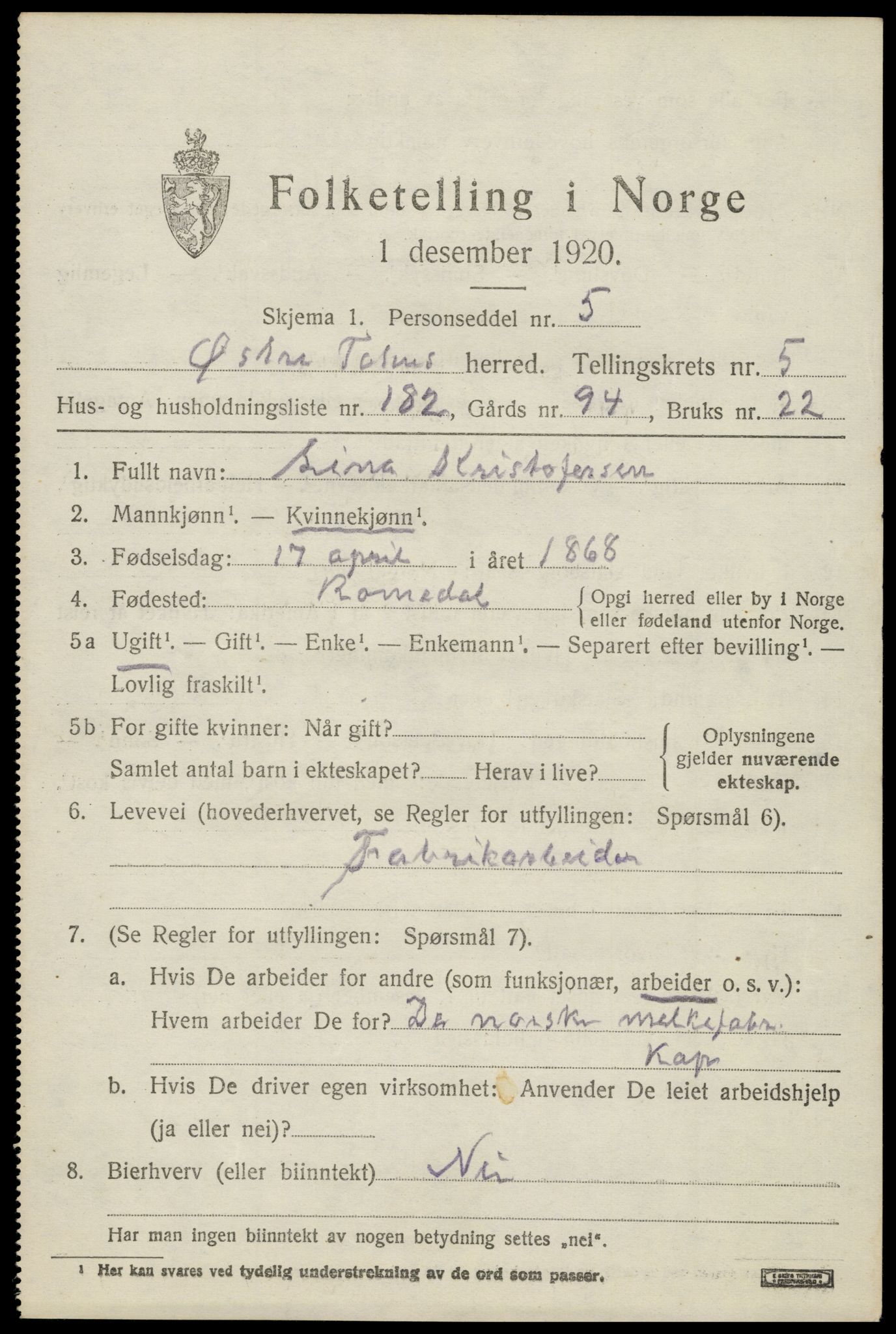 SAH, 1920 census for Østre Toten, 1920, p. 13066