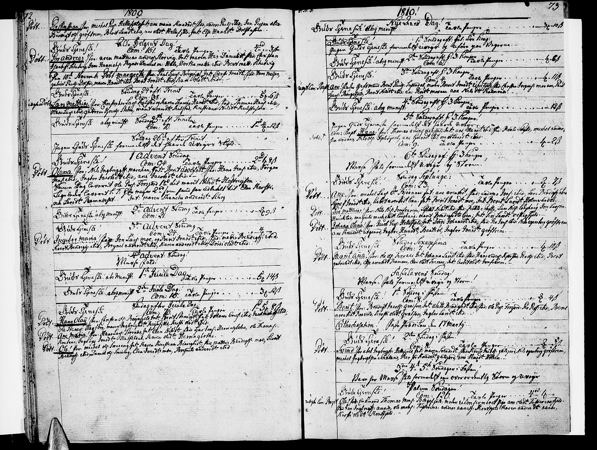 Ministerialprotokoller, klokkerbøker og fødselsregistre - Nordland, SAT/A-1459/820/L0287: Parish register (official) no. 820A08, 1800-1819, p. 72-73
