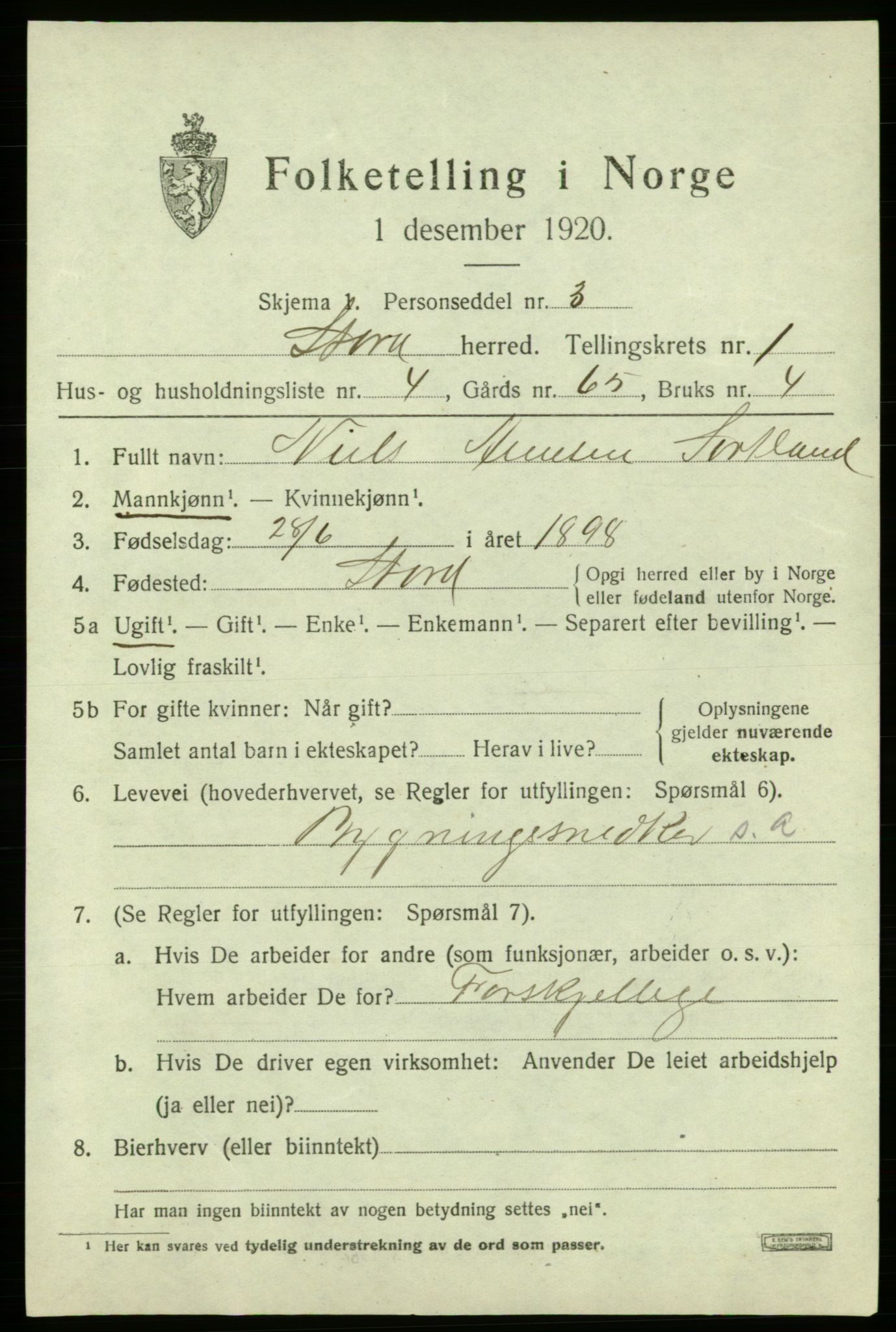 SAB, 1920 census for Stord, 1920, p. 1265