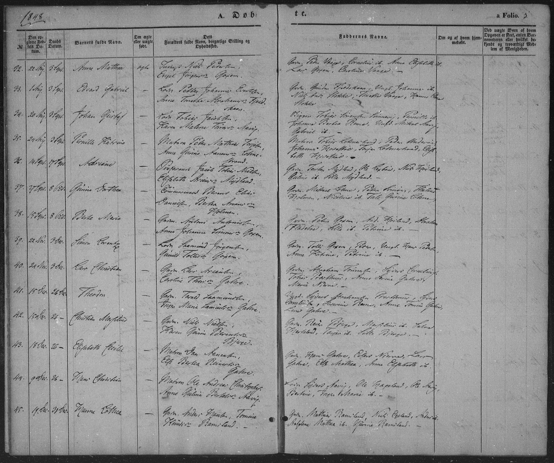 Sør-Audnedal sokneprestkontor, SAK/1111-0039/F/Fa/Faa/L0002: Parish register (official) no. A 2, 1848-1867, p. 5