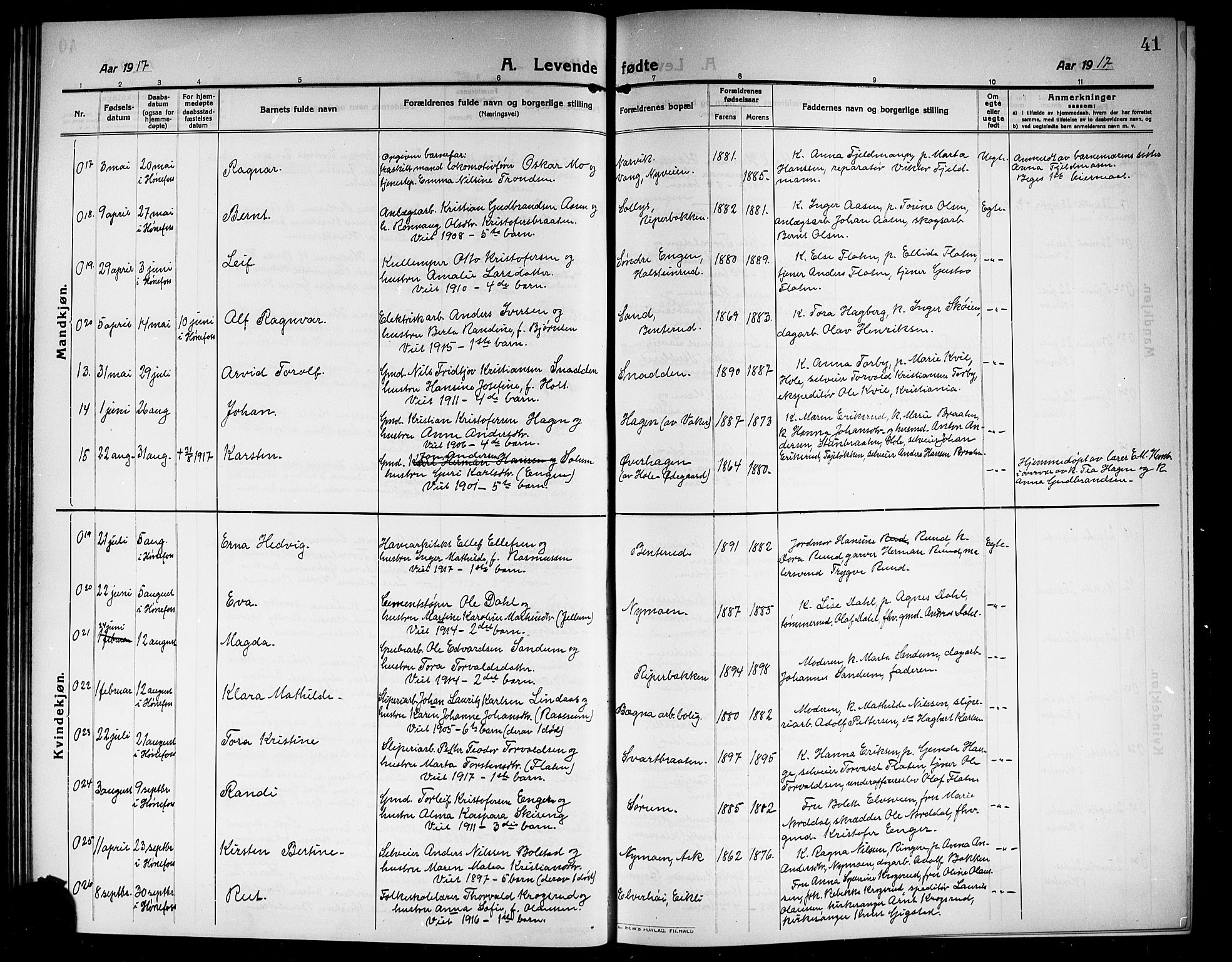 Norderhov kirkebøker, AV/SAKO-A-237/G/Ga/L0009: Parish register (copy) no. I 9, 1913-1920, p. 41