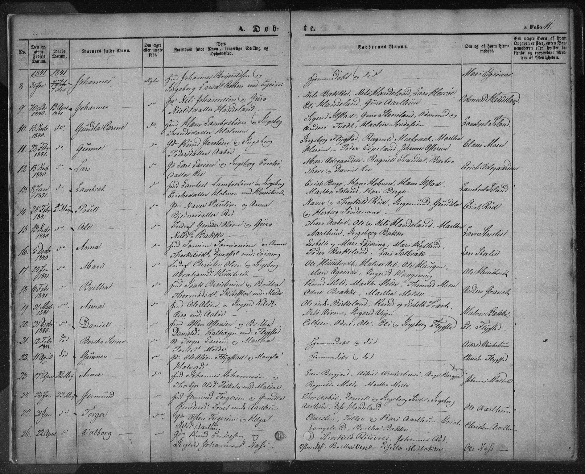 Sand sokneprestkontor, AV/SAST-A-101848/01/III/L0002: Parish register (official) no. A 2, 1838-1859, p. 11