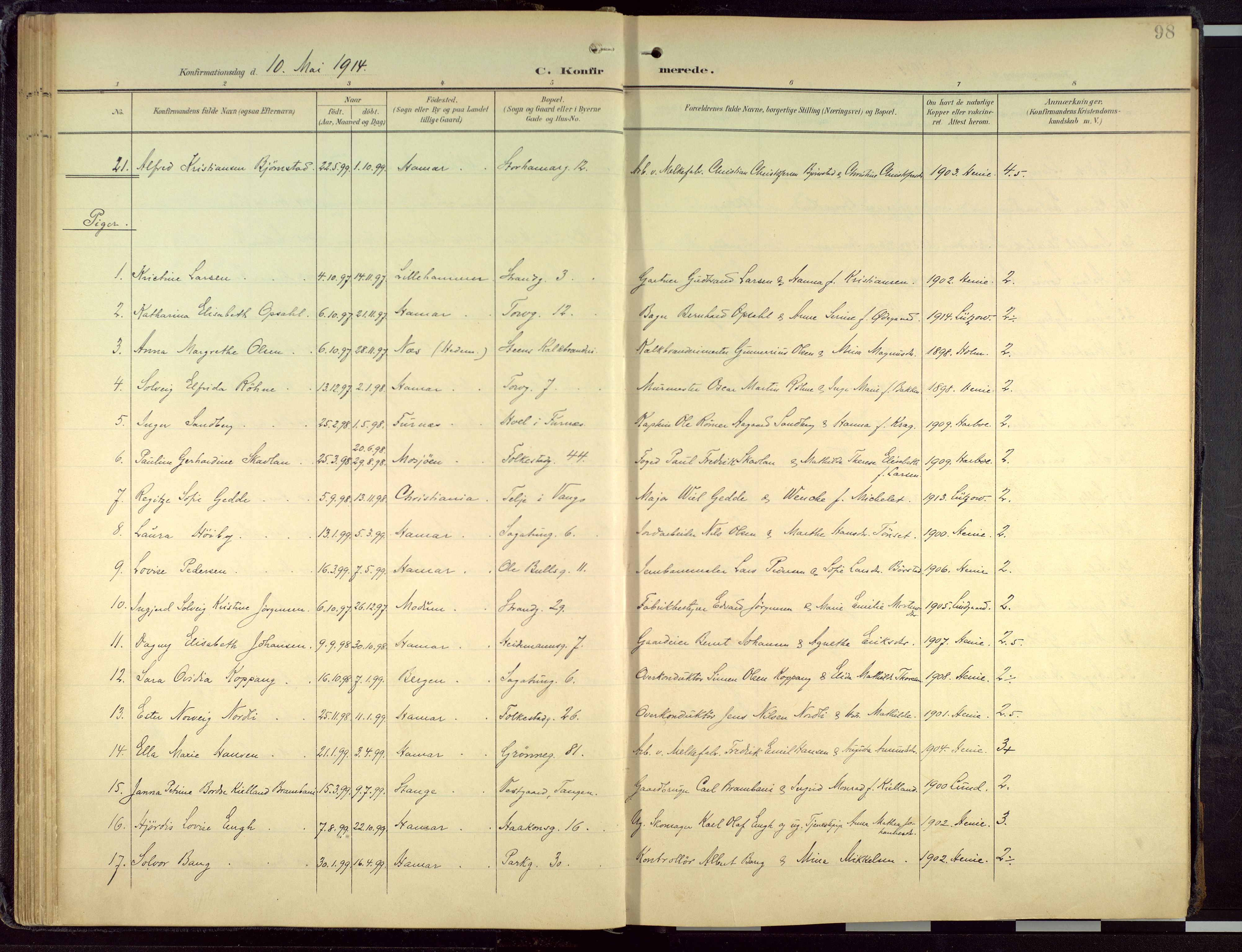 Hamar prestekontor, AV/SAH-DOMPH-002/H/Ha/Haa/L0004: Parish register (official) no. 4, 1899-1973, p. 98