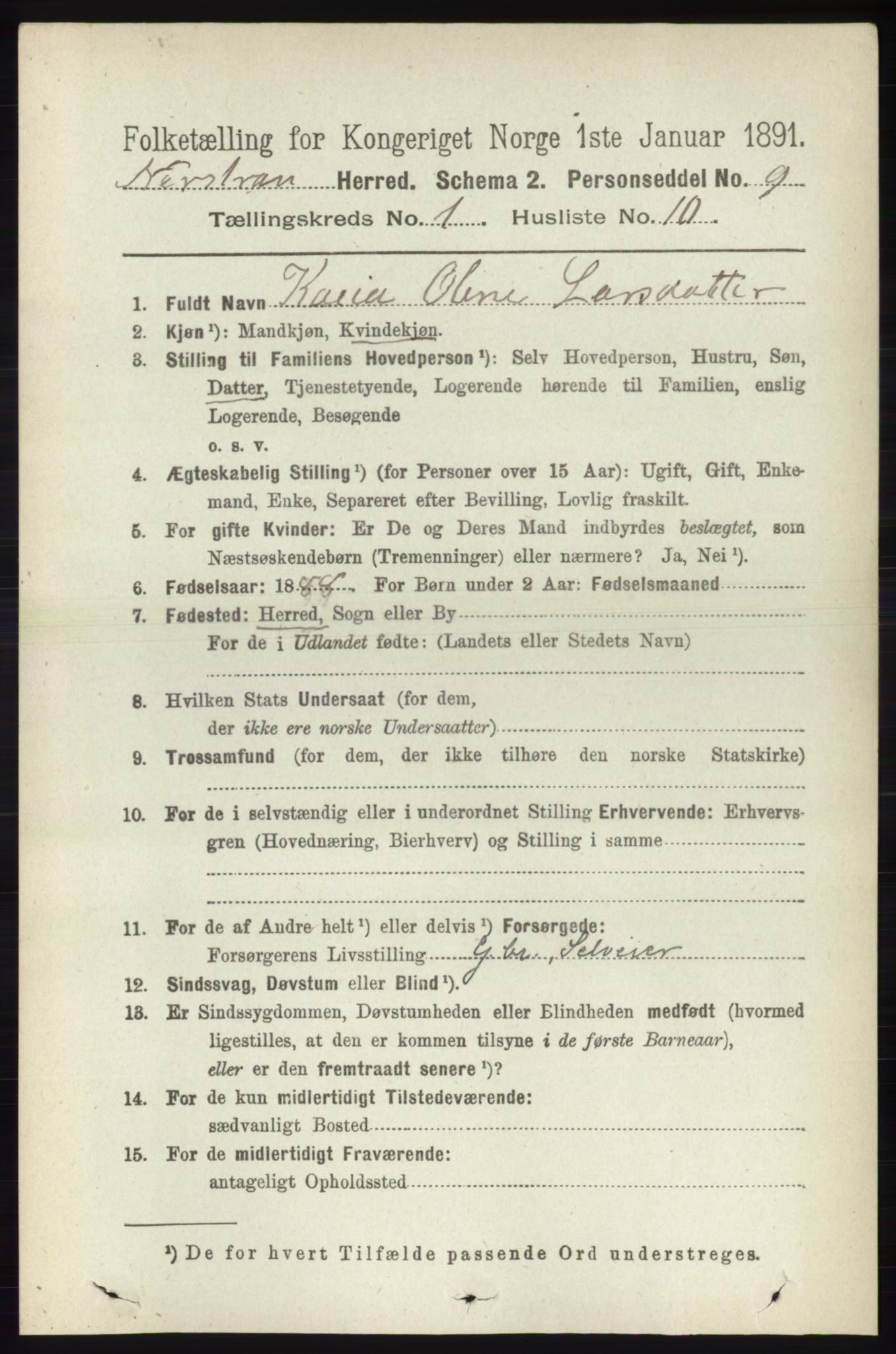 RA, 1891 census for 1139 Nedstrand, 1891, p. 141