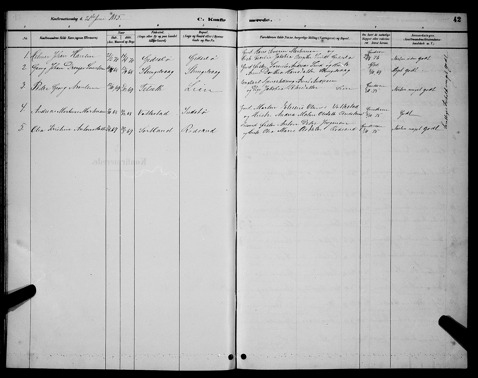 Ministerialprotokoller, klokkerbøker og fødselsregistre - Nordland, AV/SAT-A-1459/894/L1360: Parish register (copy) no. 894C03, 1885-1888, p. 42