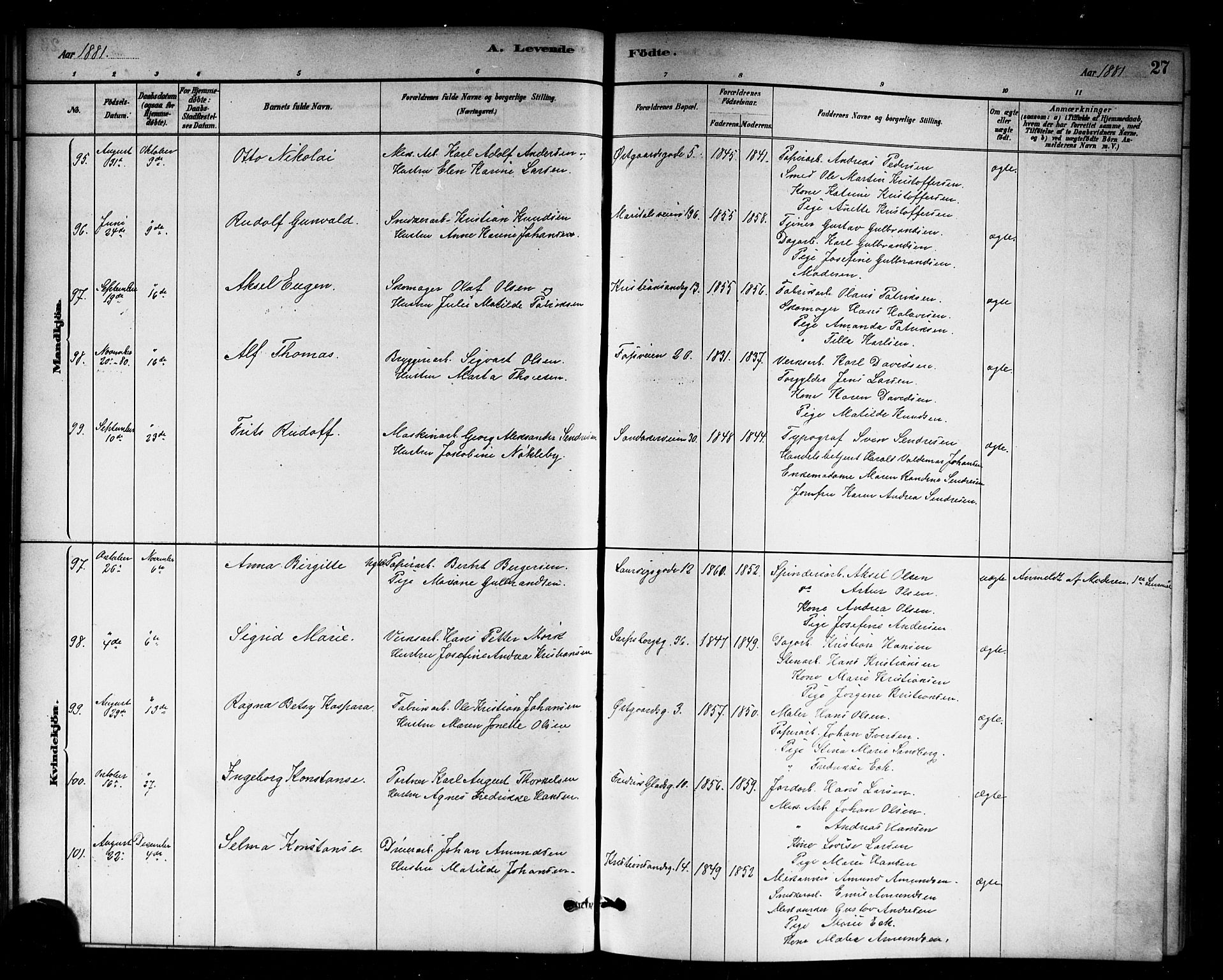 Sagene prestekontor Kirkebøker, AV/SAO-A-10796/G/L0001: Parish register (copy) no. 1, 1880-1891, p. 27