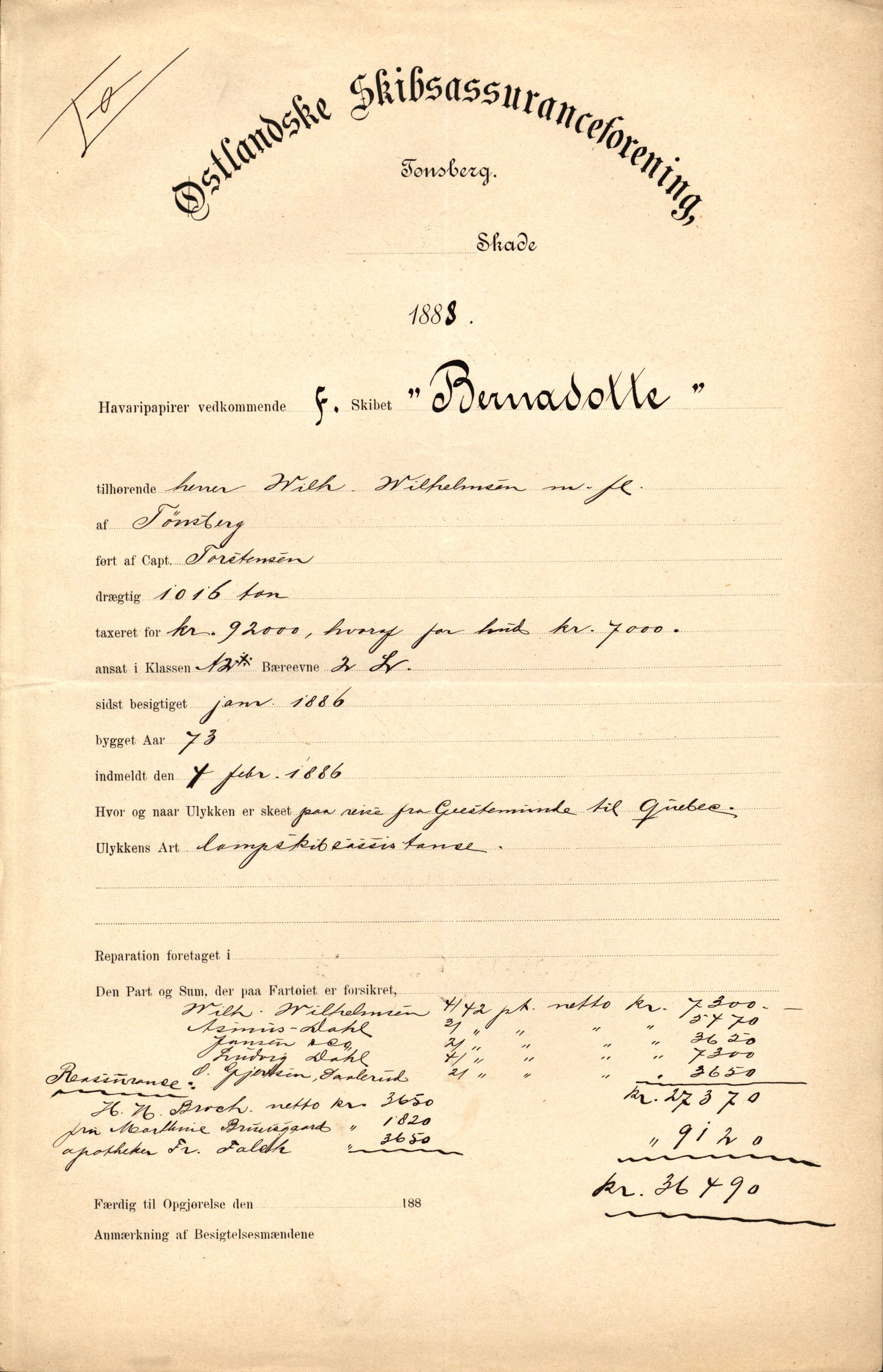 Pa 63 - Østlandske skibsassuranceforening, VEMU/A-1079/G/Ga/L0021/0009: Havaridokumenter / Anne, Elizabeth, Asker, Avenir, Bernadotte, 1888, p. 20