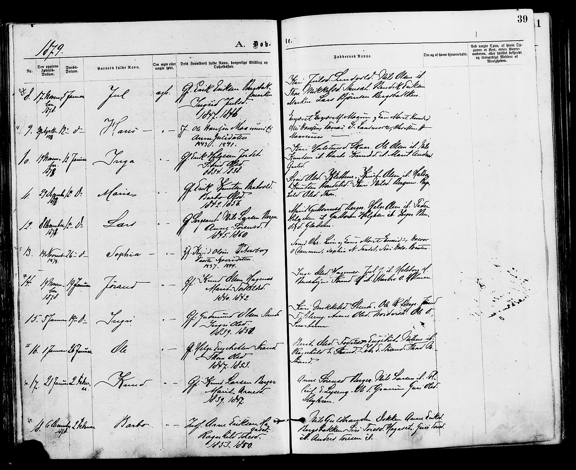 Nord-Aurdal prestekontor, SAH/PREST-132/H/Ha/Haa/L0009: Parish register (official) no. 9, 1876-1882, p. 39