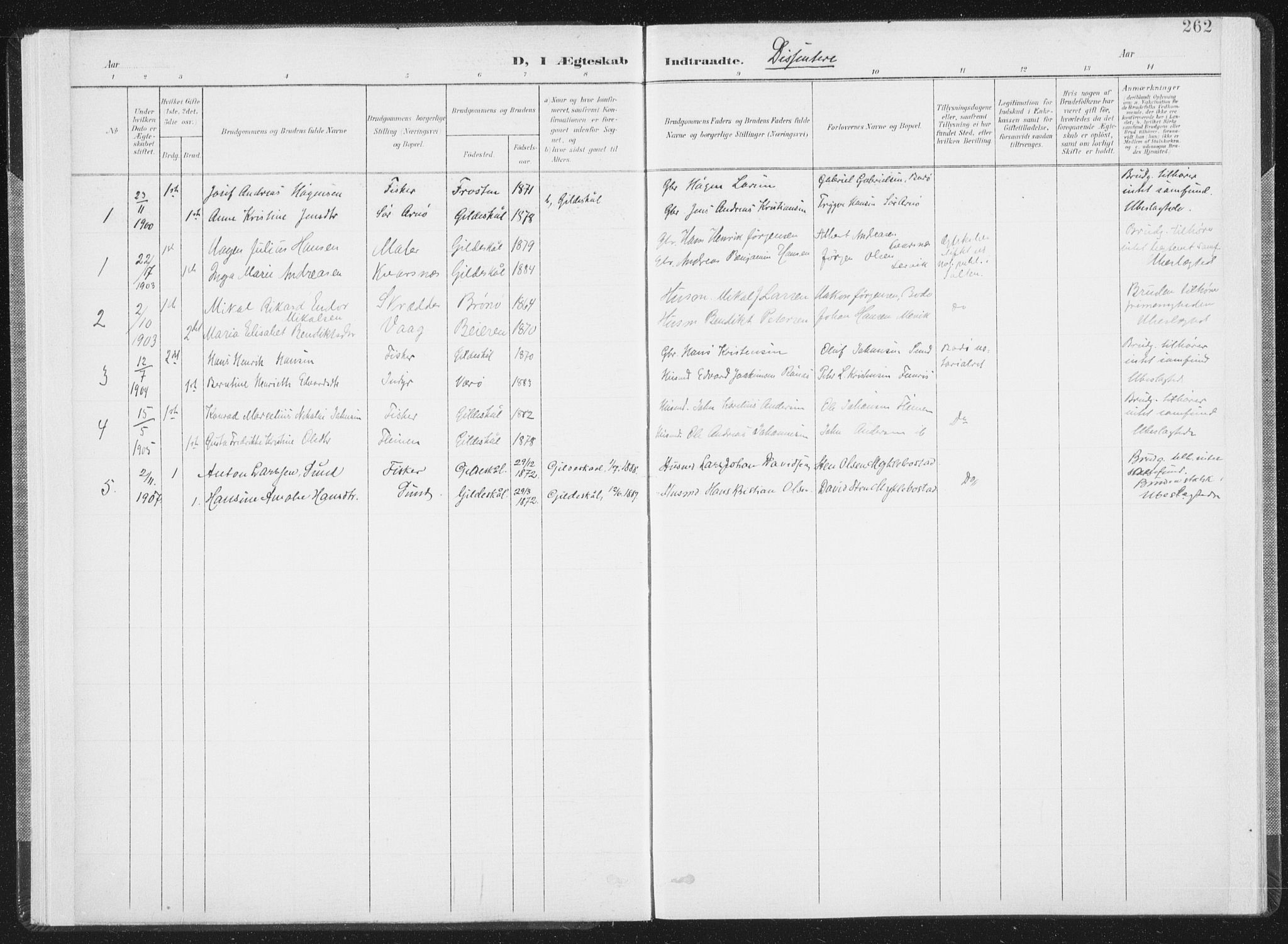 Ministerialprotokoller, klokkerbøker og fødselsregistre - Nordland, SAT/A-1459/805/L0103: Parish register (official) no. 805A08II, 1900-1909, p. 262