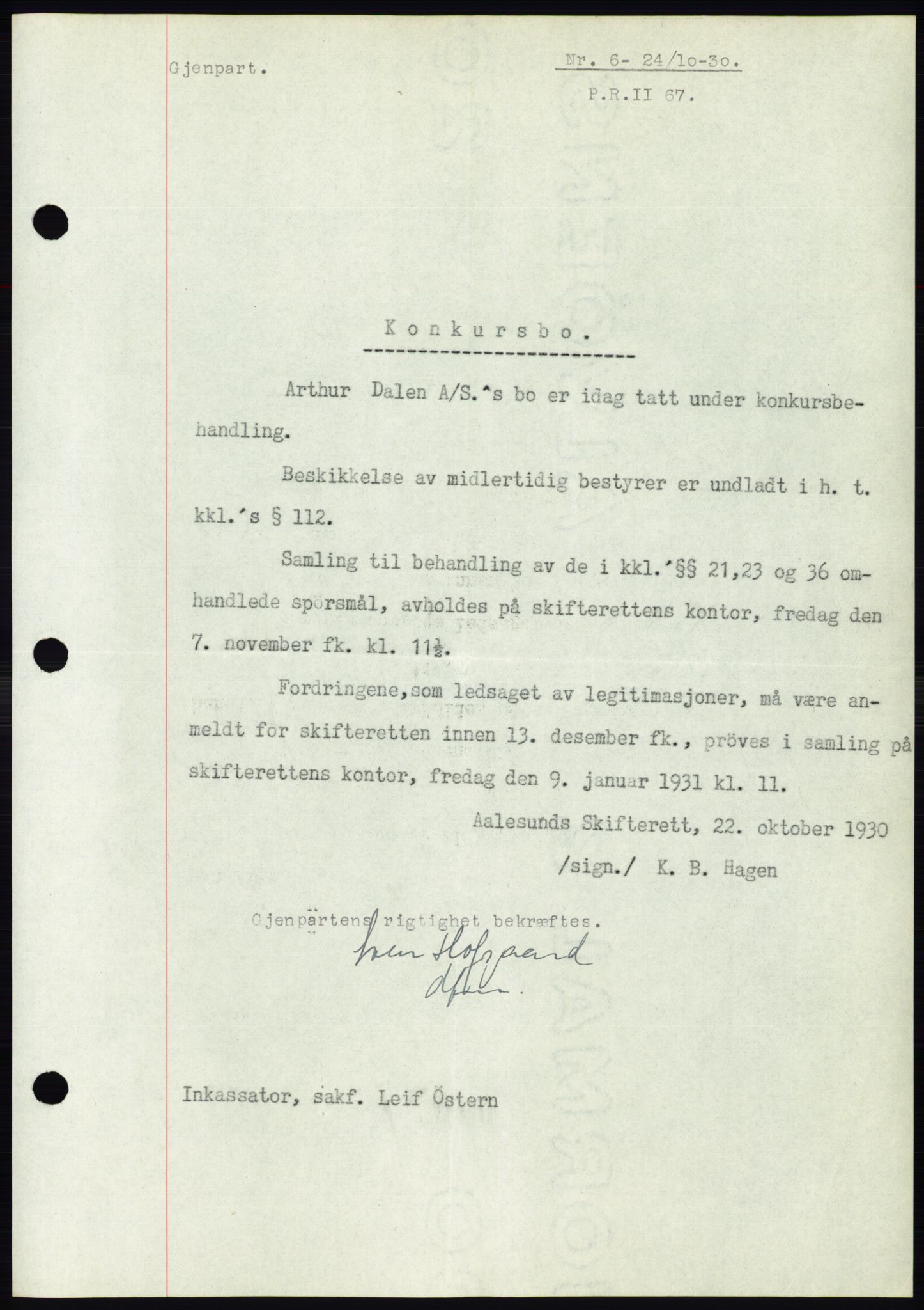 Ålesund byfogd, AV/SAT-A-4384: Mortgage book no. 26, 1930-1930, Deed date: 24.10.1930