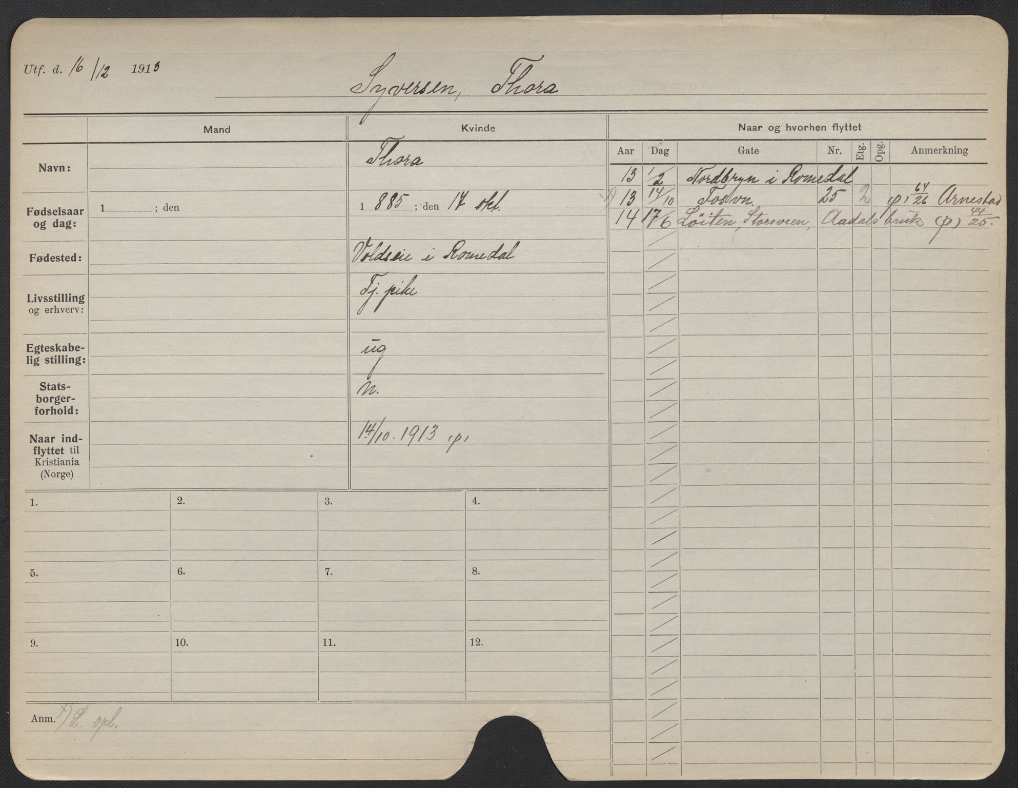 Oslo folkeregister, Registerkort, AV/SAO-A-11715/F/Fa/Fac/L0024: Kvinner, 1906-1914, p. 800a