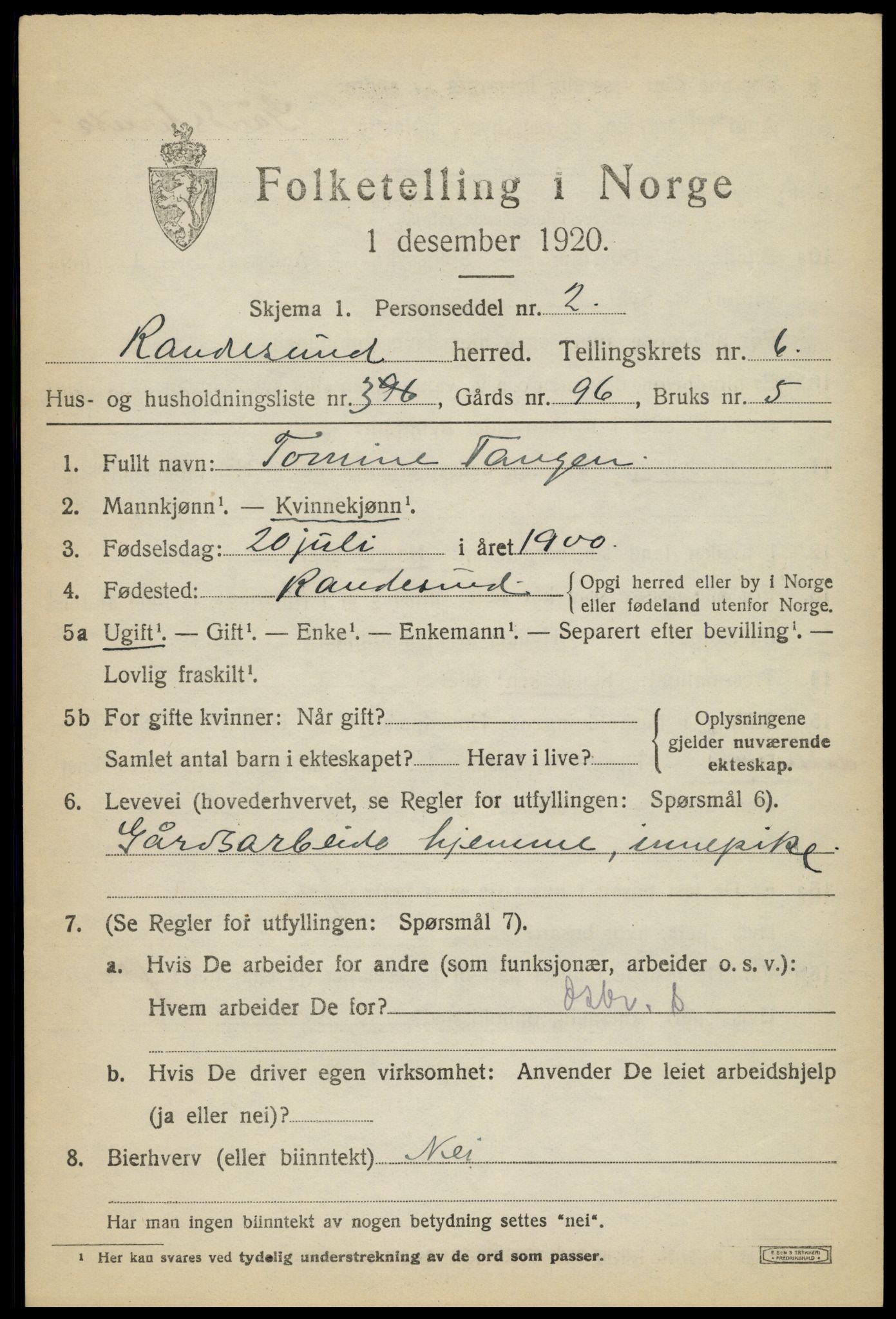 SAK, 1920 census for Randesund, 1920, p. 2768