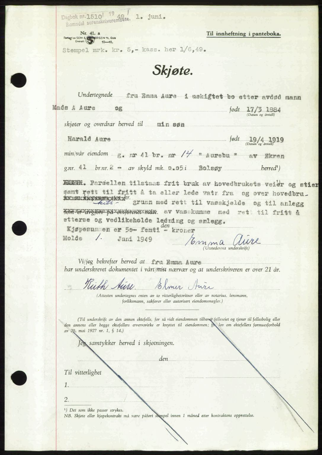 Romsdal sorenskriveri, AV/SAT-A-4149/1/2/2C: Mortgage book no. A29, 1949-1949, Diary no: : 1510/1949