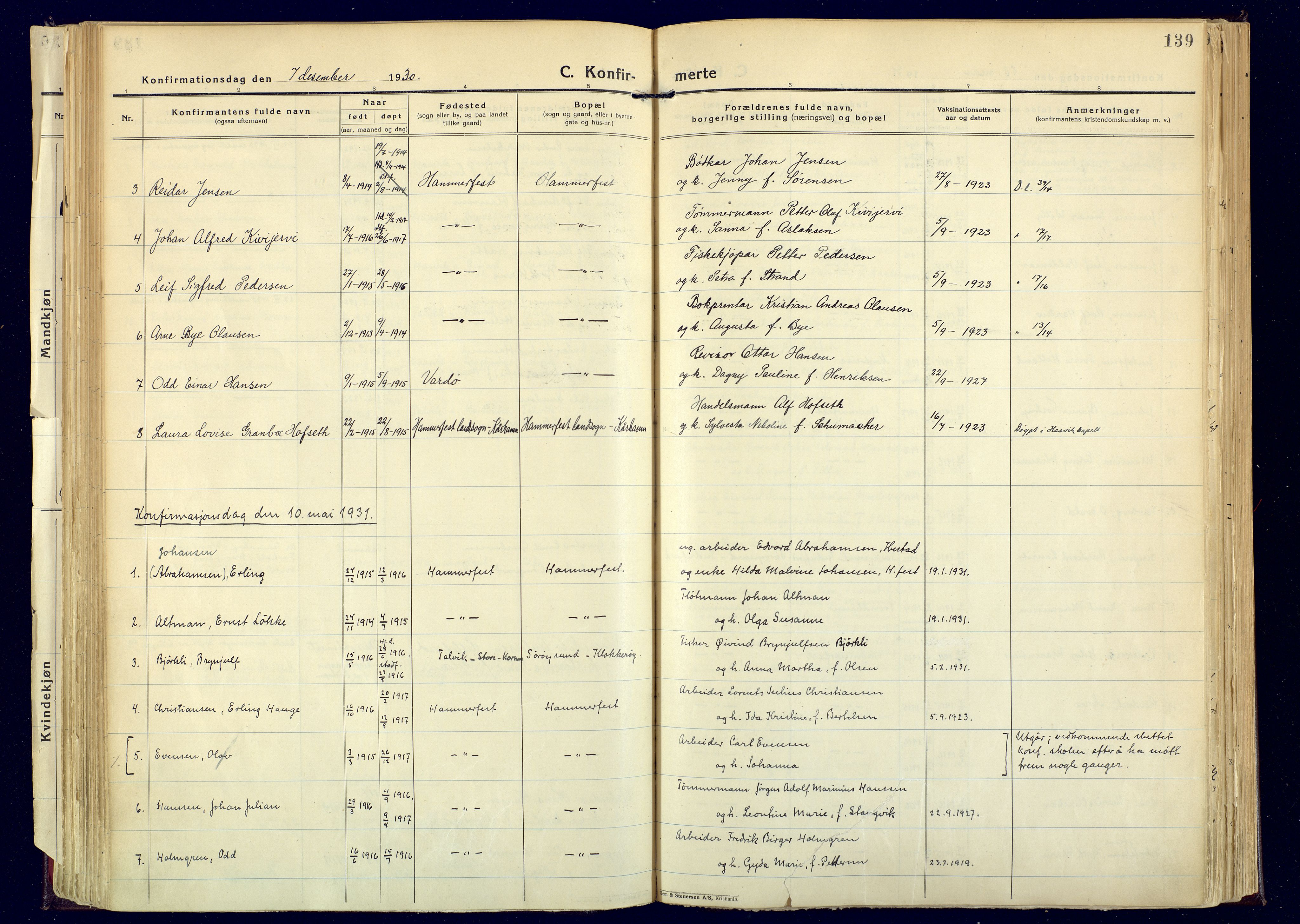 Hammerfest sokneprestkontor, SATØ/S-1347: Parish register (official) no. 17, 1923-1933, p. 139
