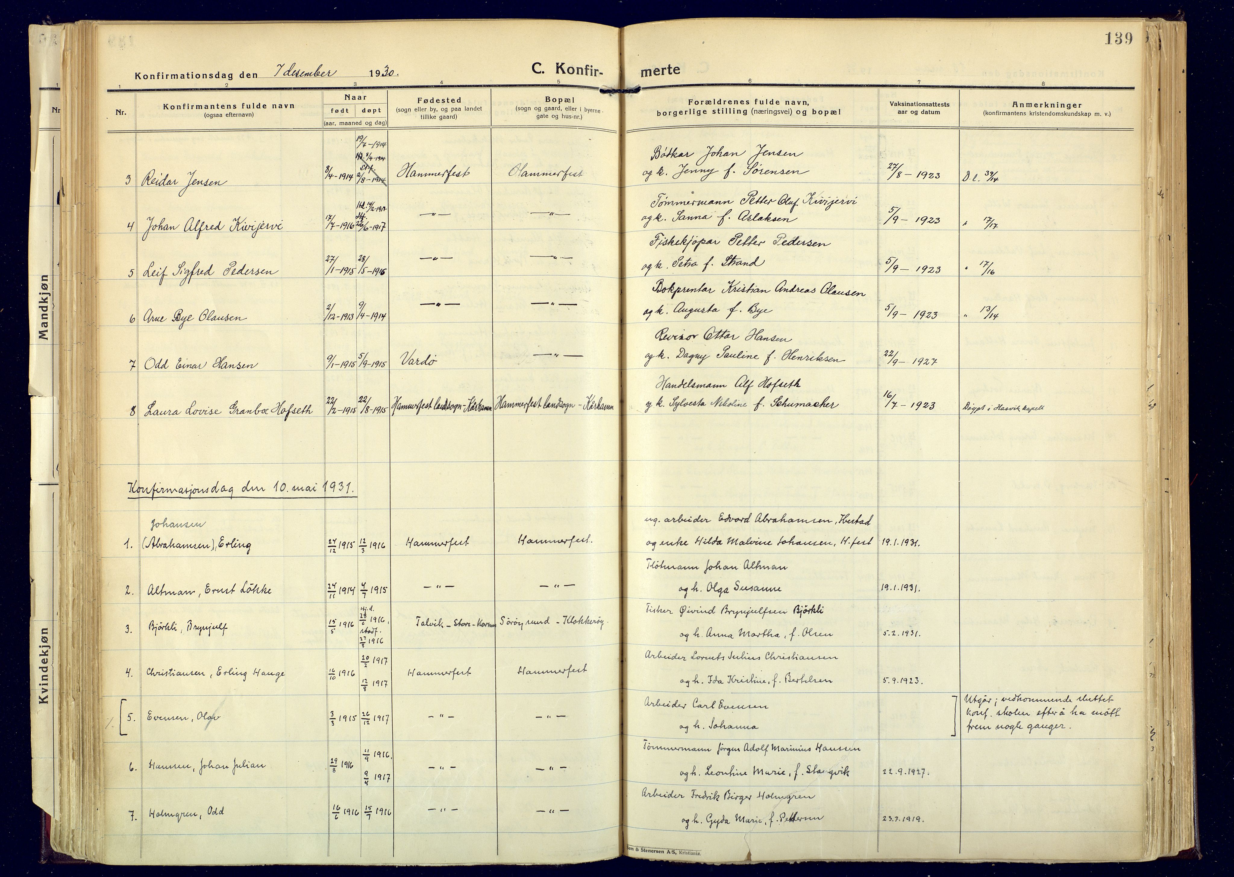 Hammerfest sokneprestkontor, AV/SATØ-S-1347/H/Ha/L0017.kirke: Parish register (official) no. 17, 1923-1933, p. 139