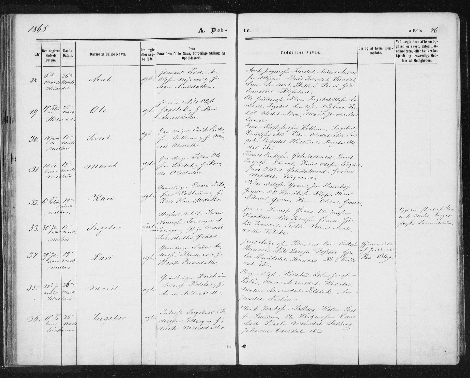 Ministerialprotokoller, klokkerbøker og fødselsregistre - Sør-Trøndelag, SAT/A-1456/691/L1077: Parish register (official) no. 691A09, 1862-1873, p. 46